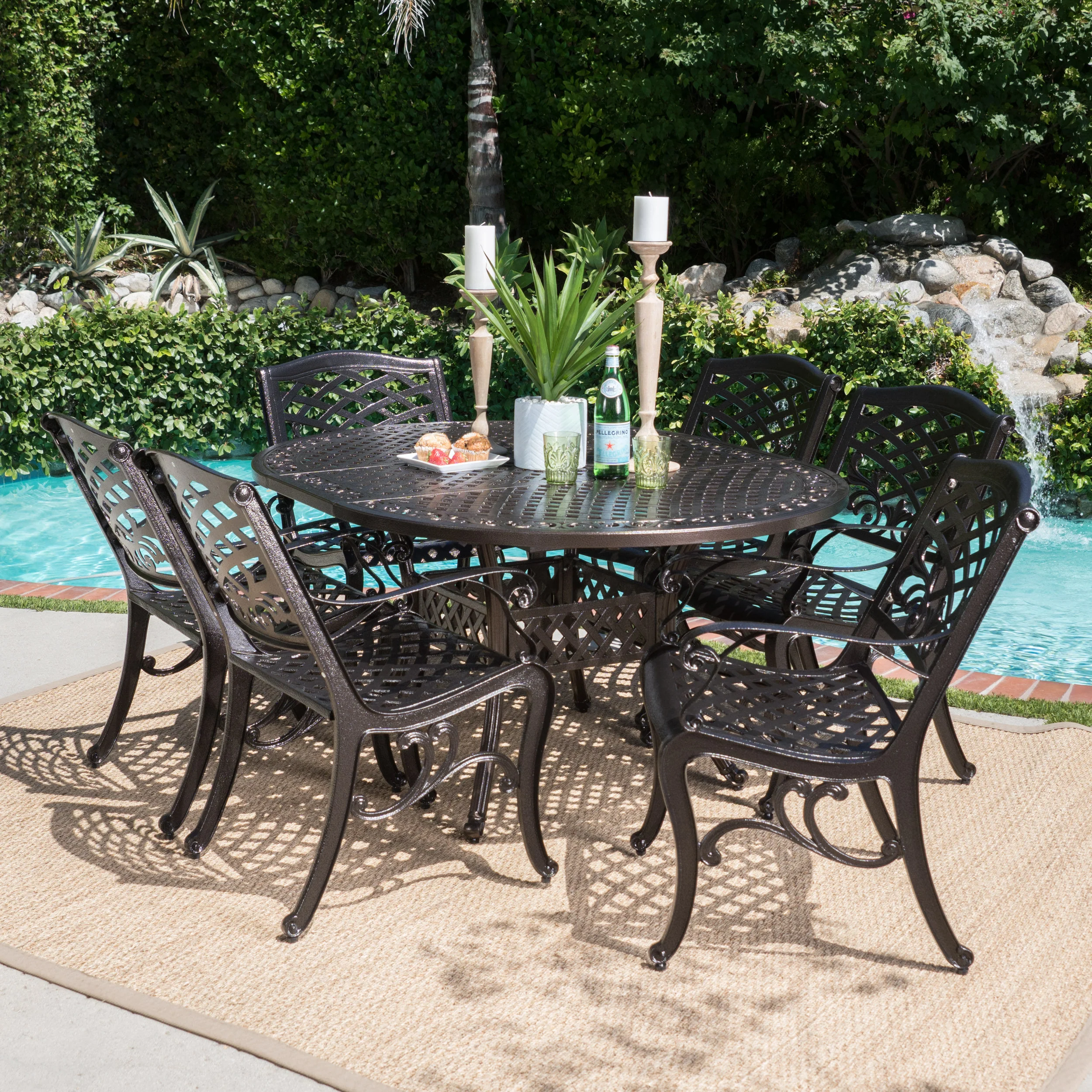 Clarisse Outdoor 7 Piece Dining Set with Expandable Aluminum Table - furnishings