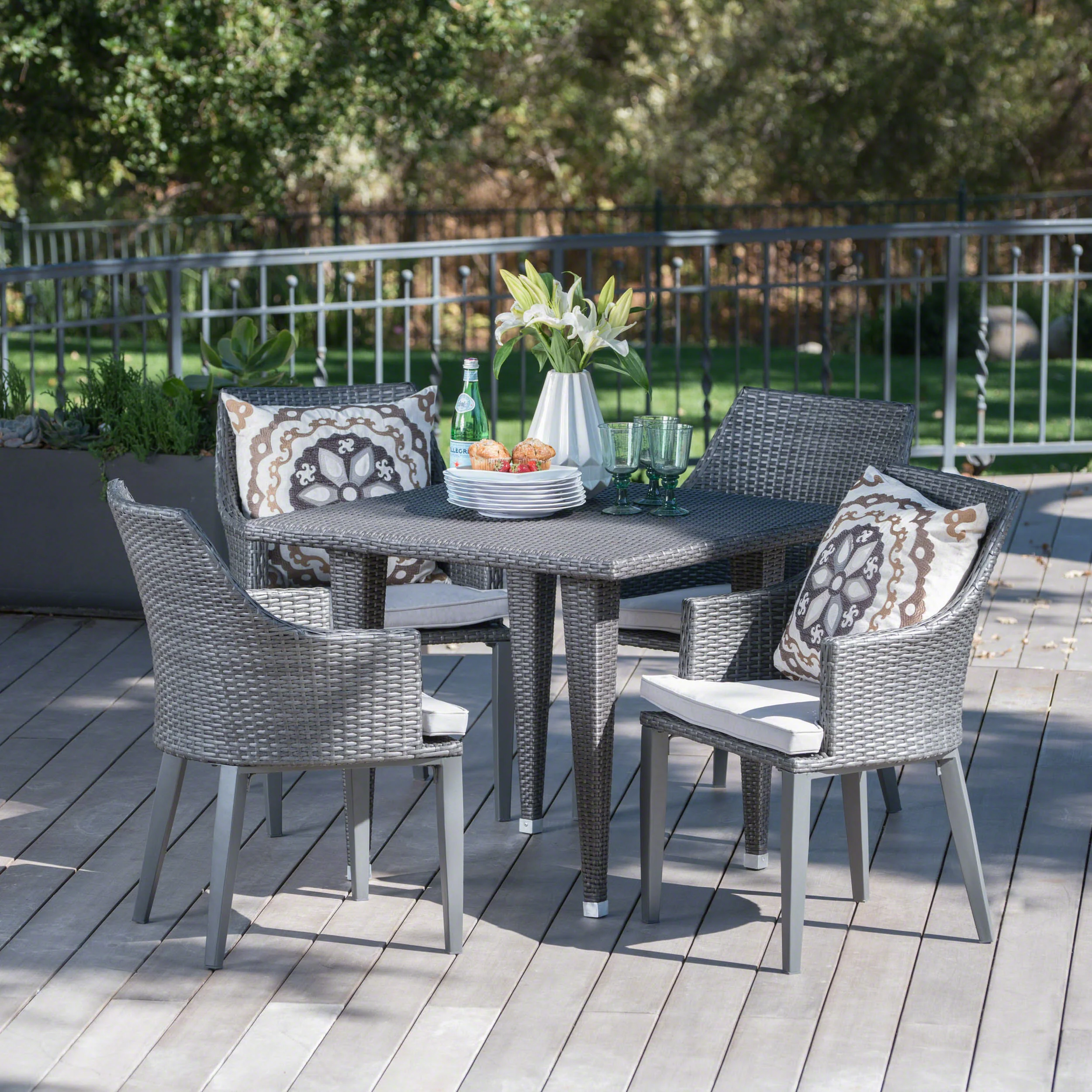 Lenny Outdoor 5 Piece Gray Wicker Dining Set with Water Resistant Cushions - furnishings