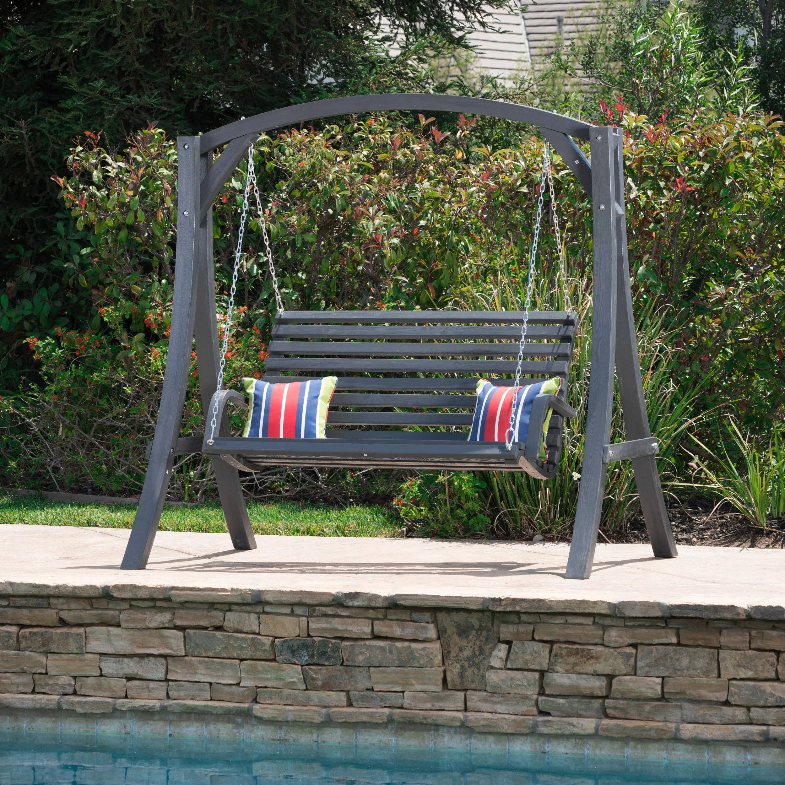 Tyrell Outdoor Grey Finished Larch Wood Swinging Loveseat - furnishings