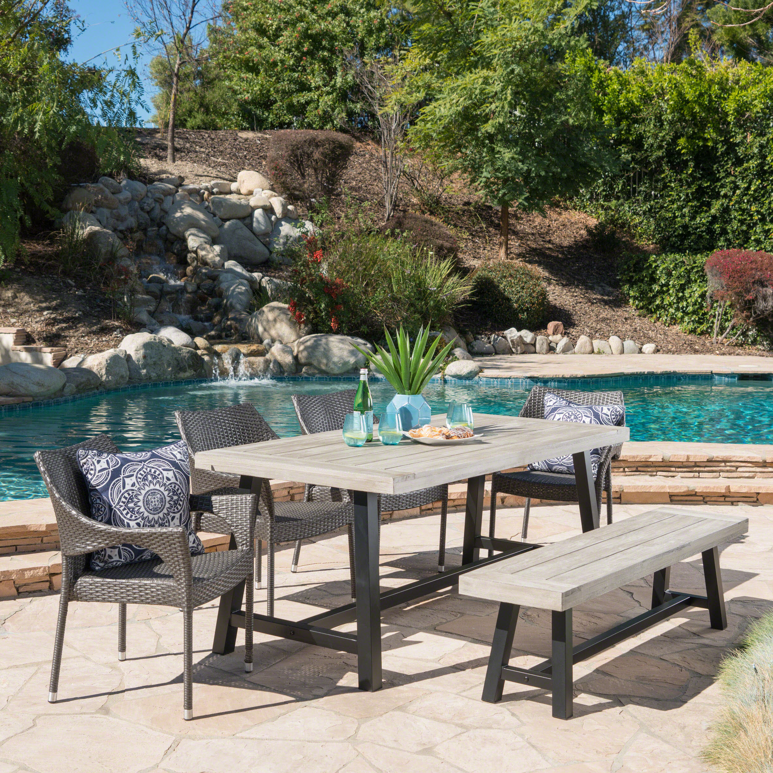 Flora Outdoor 6 Piece Wicker Dining Set with Acacia Wood Table and Bench - furnishings