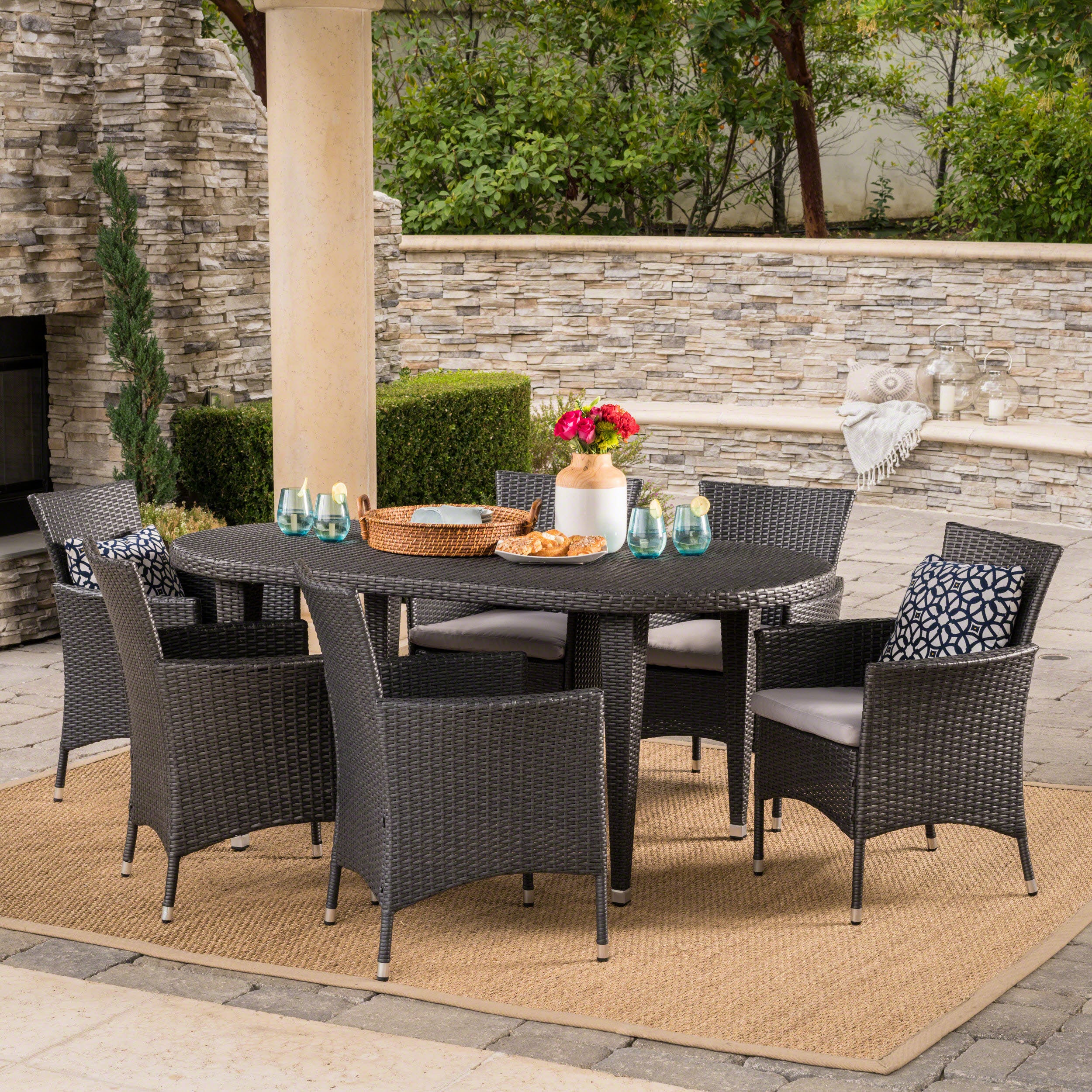 Vineland Outdoor 7 Piece Gray Wicker Oval Dining Set with Silver Water Resistant Cushions - furnishings