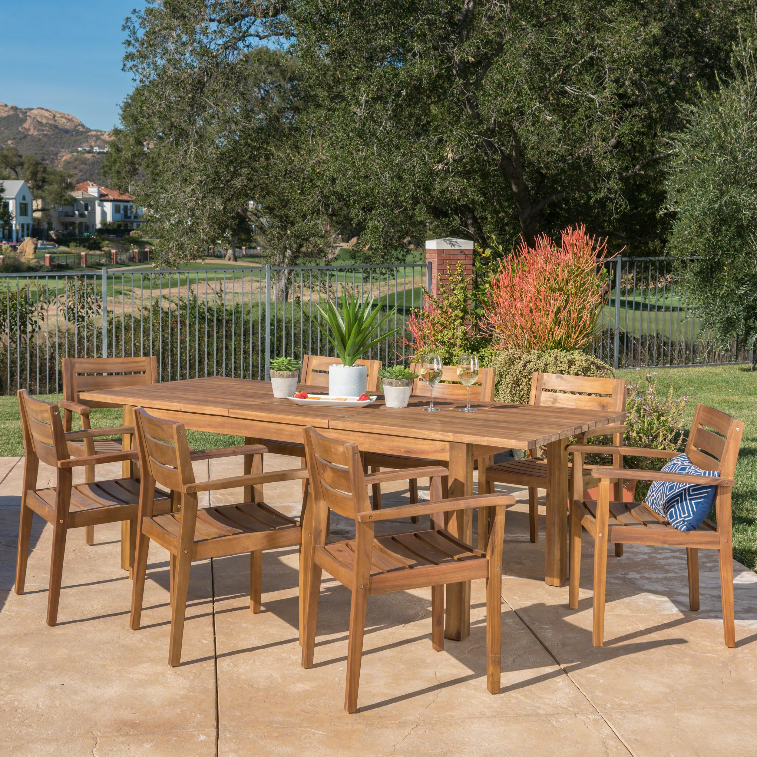 Sakura Outdoor 9 Piece Acacia Wood Dining Set with Expandable Dining Table - furnishings