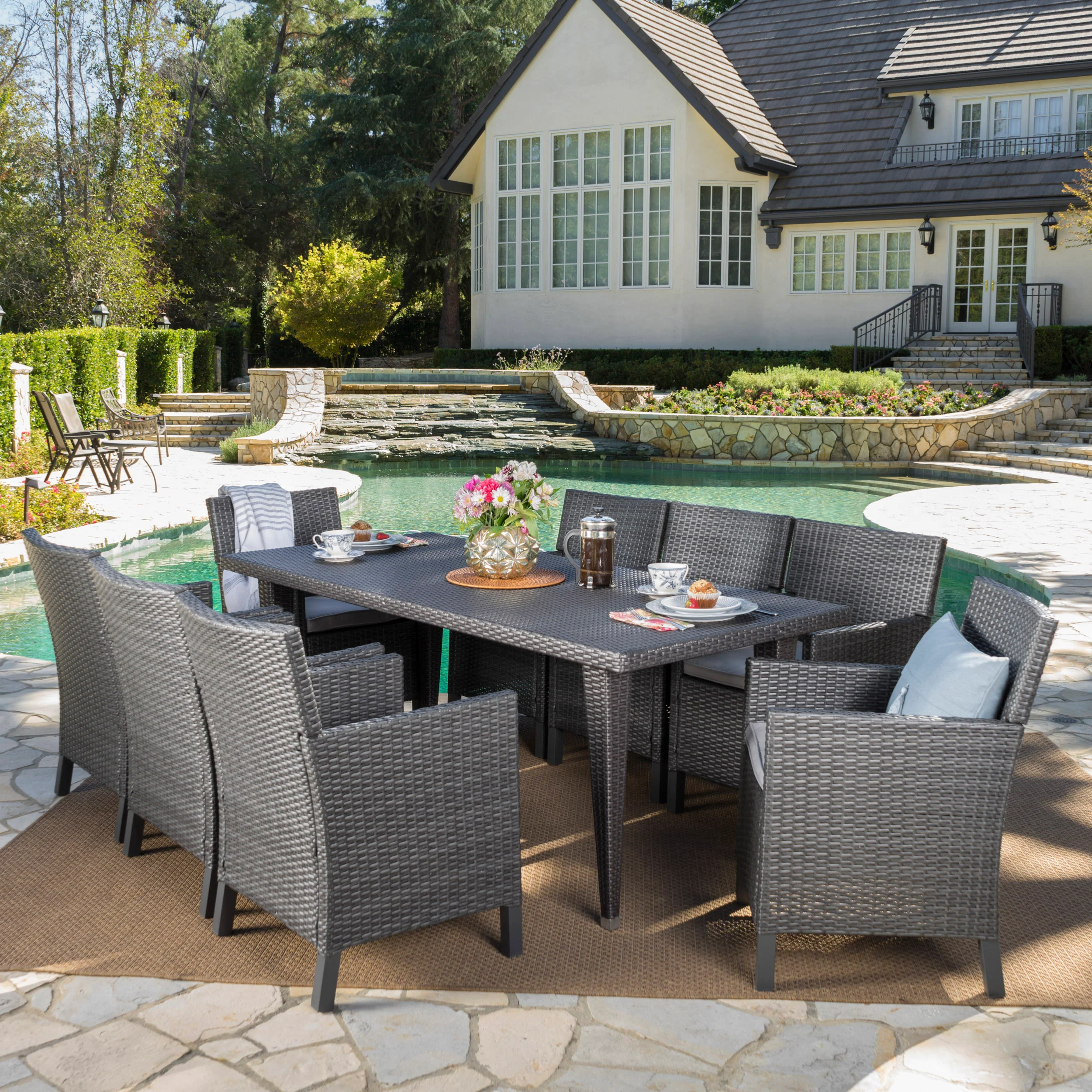 Cerrenne Outdoor 9 Piece Wicker Dining Set with Water Resistant Cushions - furnishings