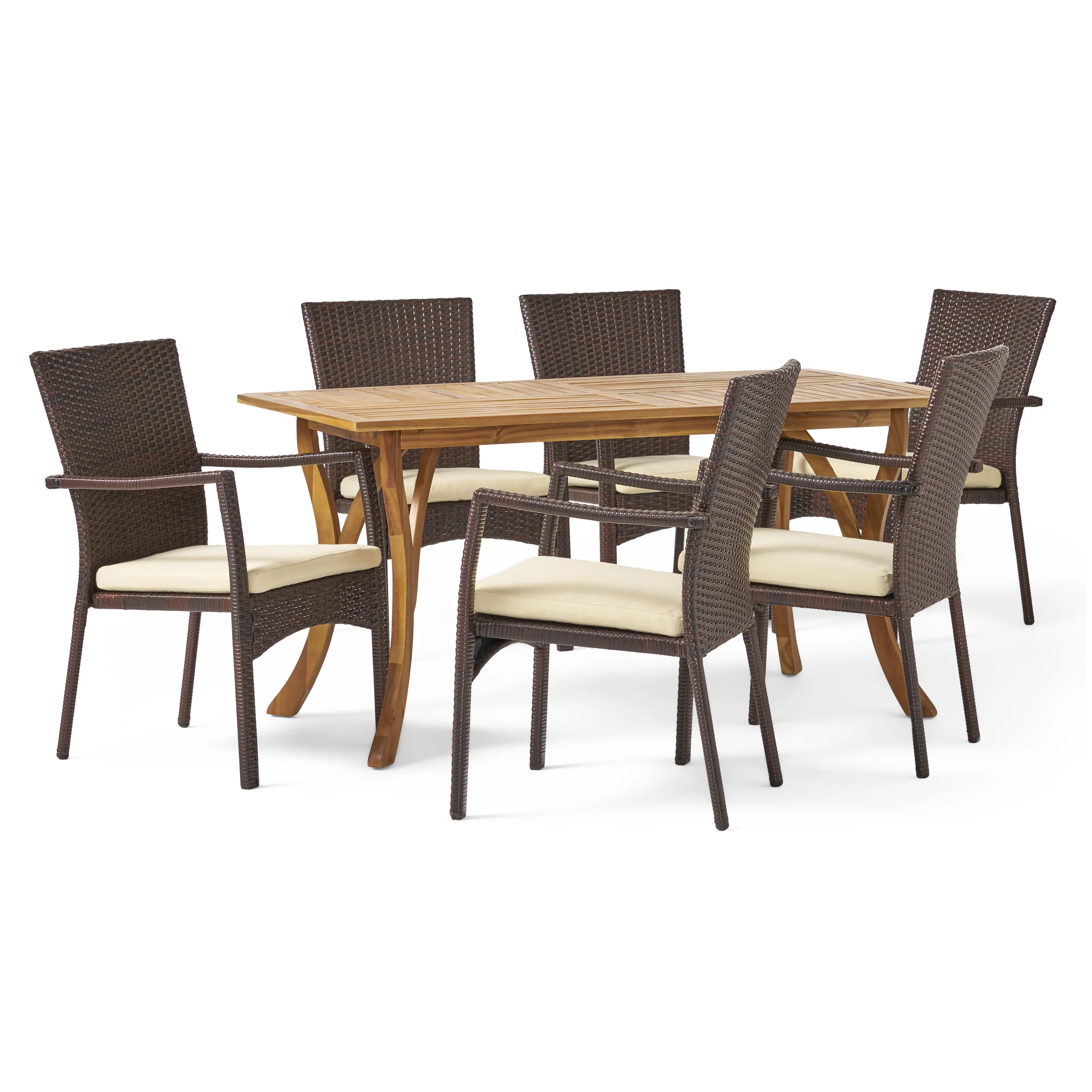 Caprise 7 Piece Outdoor Dining Set (Wood Table w/ Wicker Chairs) - furnishings