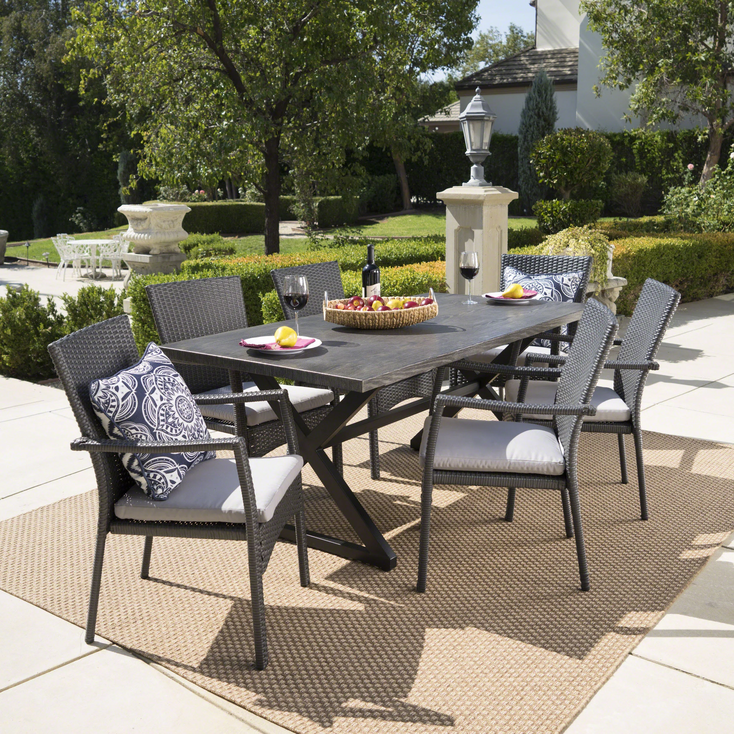 Adelade Outdoor 7 Piece Aluminum Dining Set with Wicker Dining Chairs - furnishings