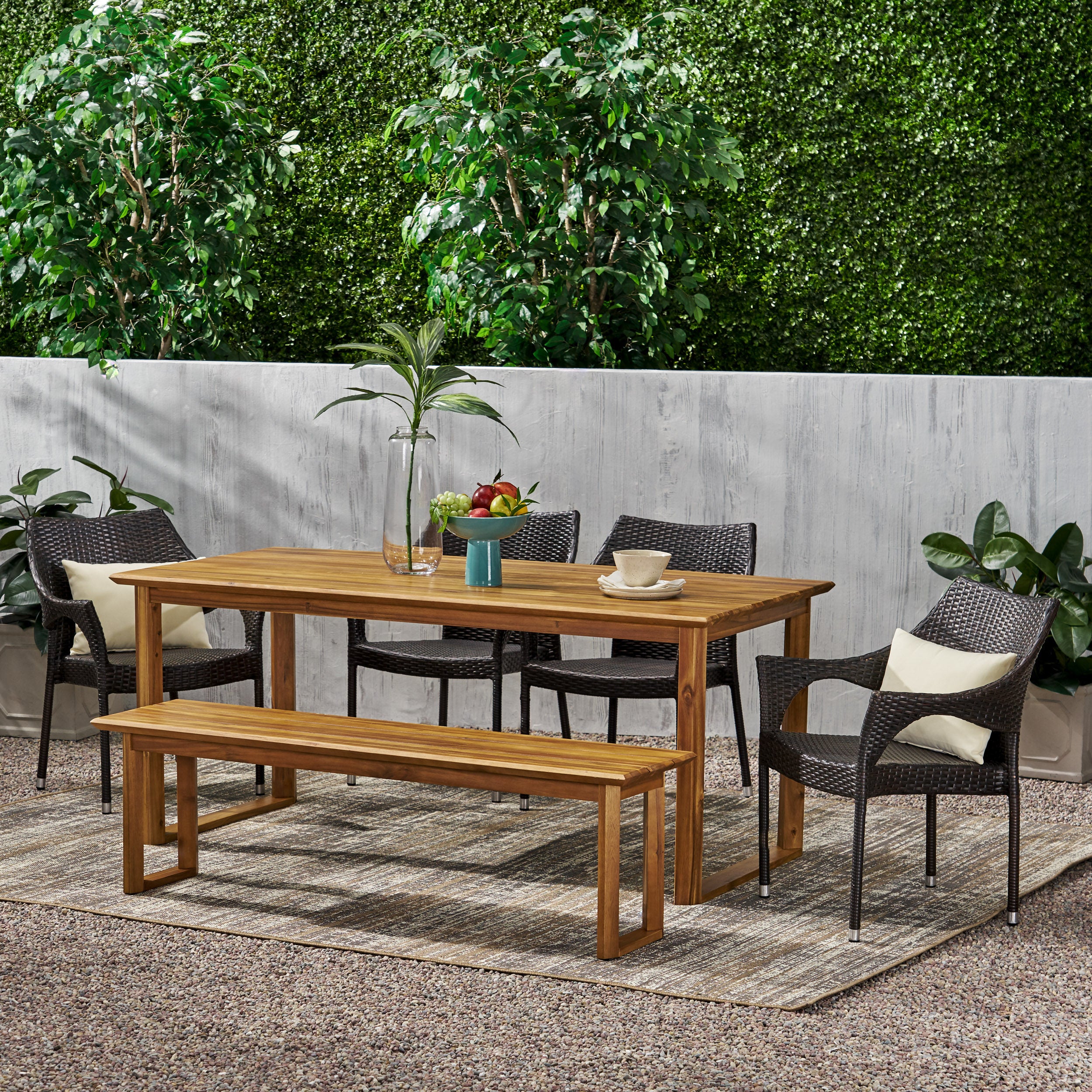 Ellendale Outdoor Acacia Wood and Wicker 6 Piece Dining Set with Bench - furnishings