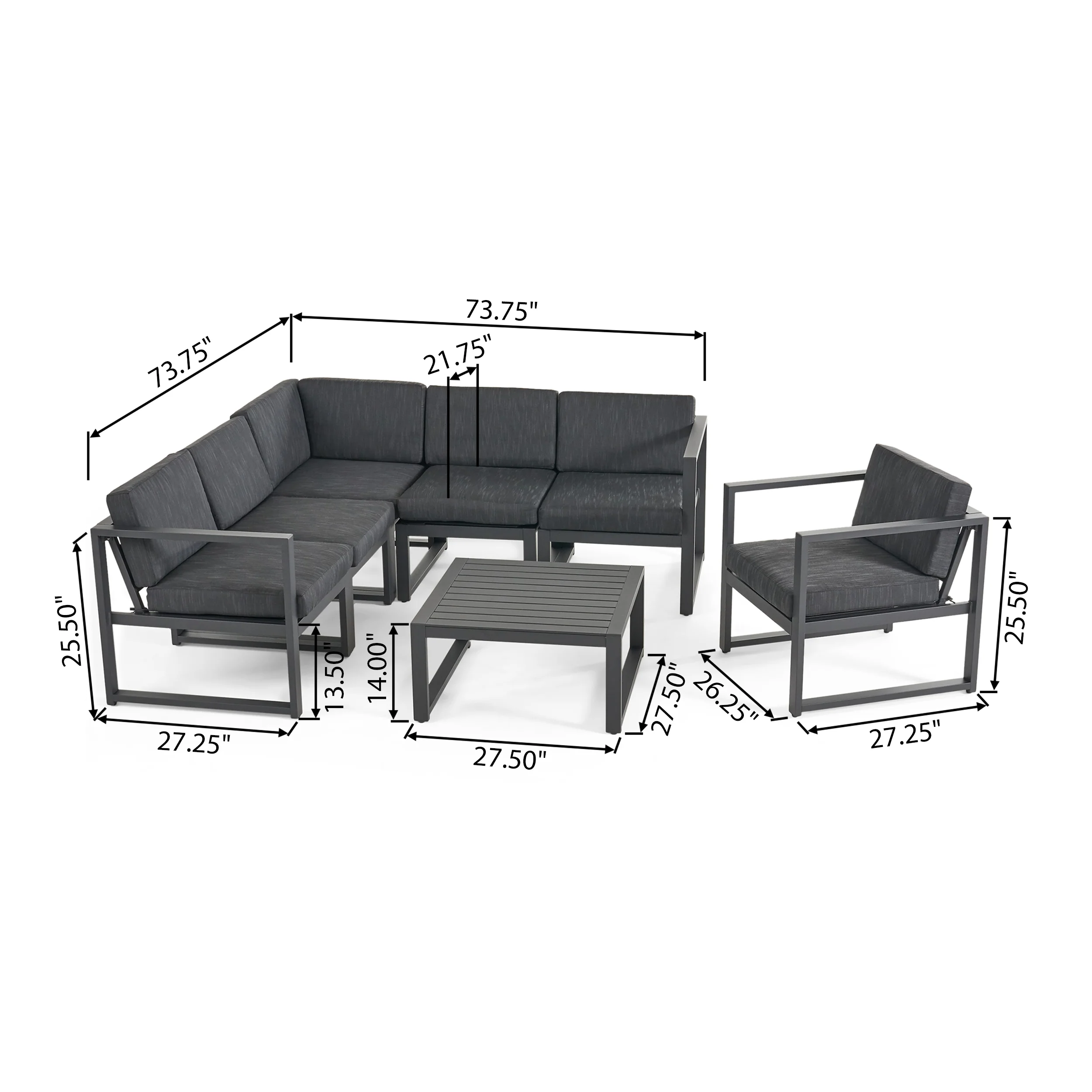 Dolan Outdoor Aluminum 6 Seater Sofa Set, Black and Dark Gray - furnishings