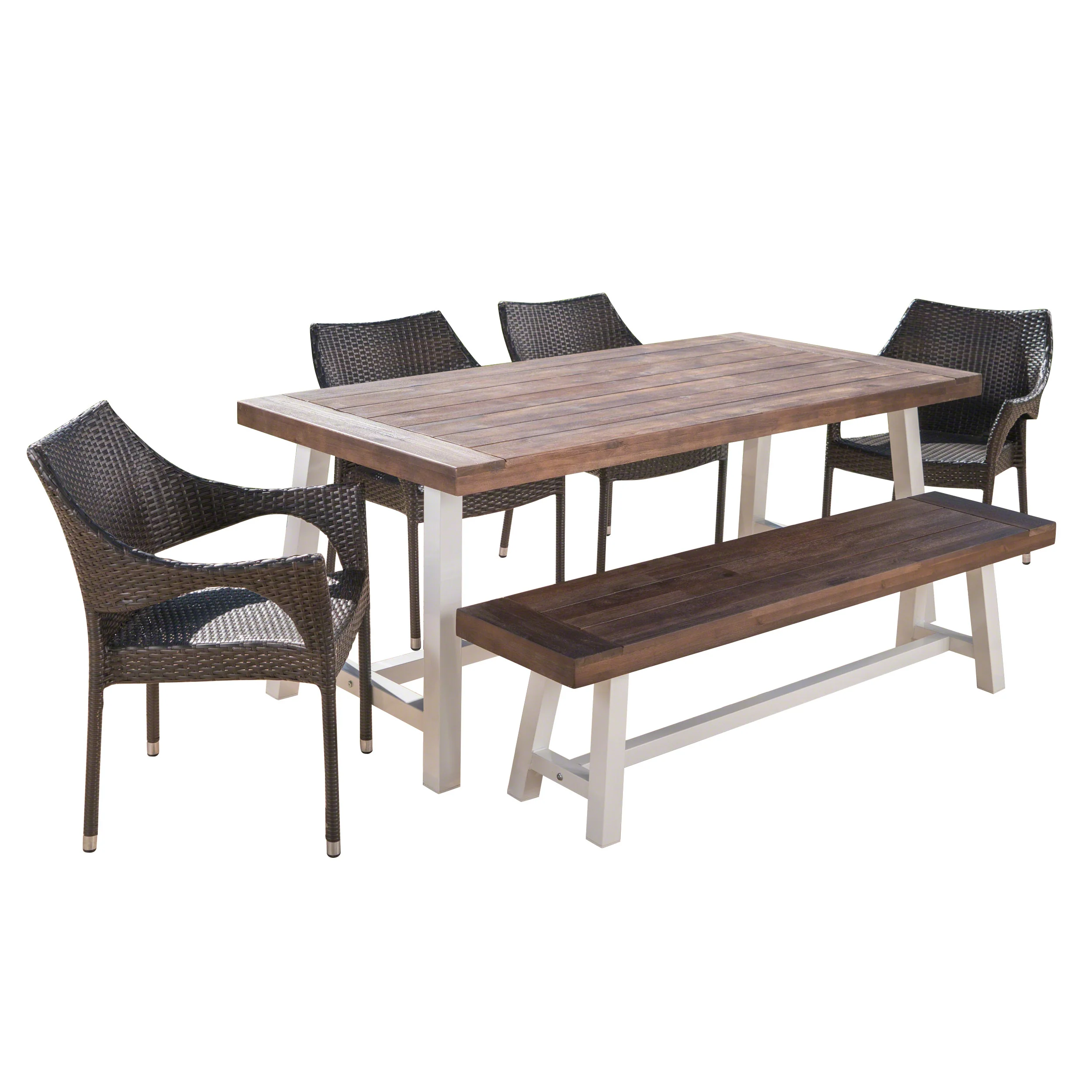 Flora Outdoor 6 Piece Wicker Dining Set with Acacia Wood Table and Bench - furnishings