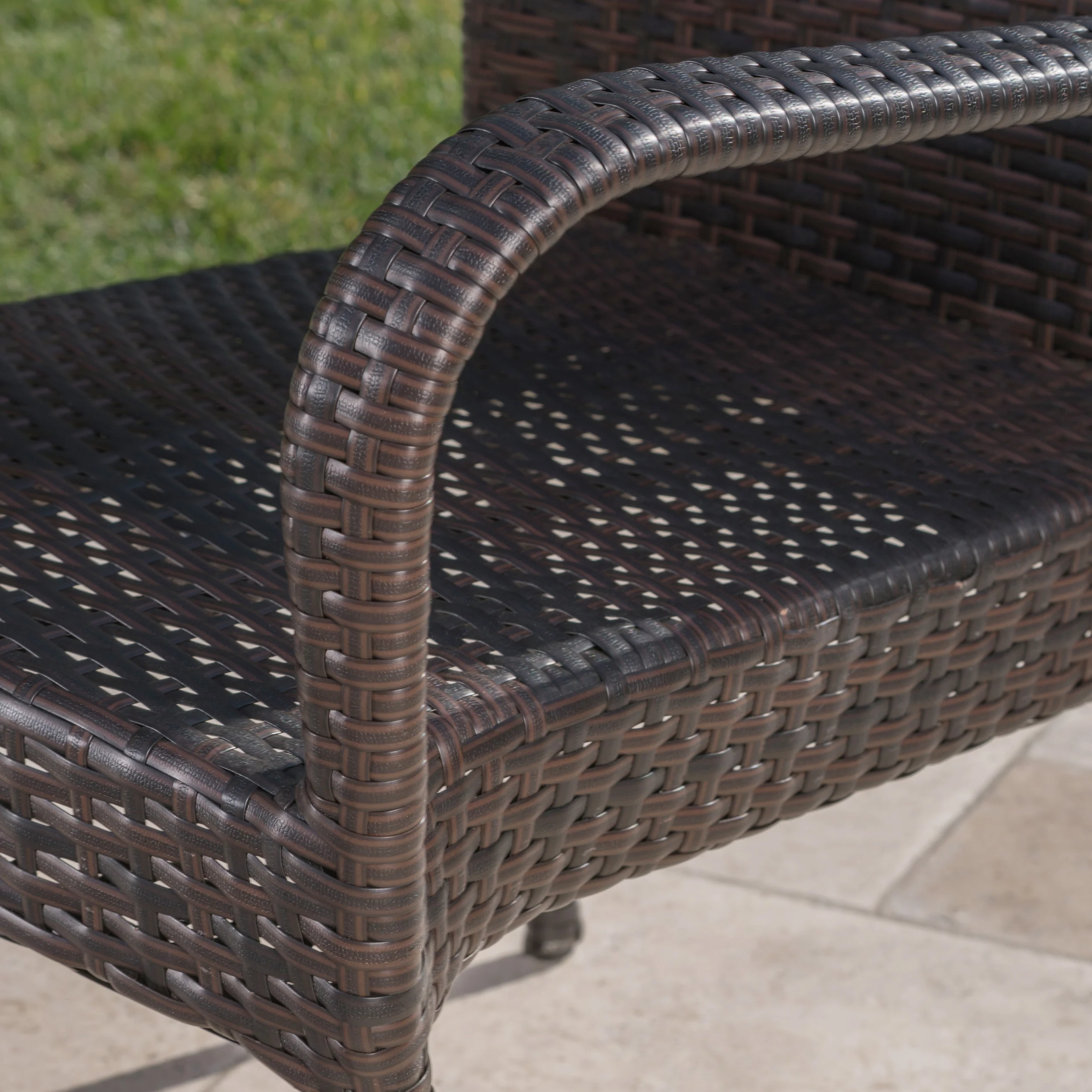 Luminous Outdoor 6 Piece Iron and Acacia Wood Dining Set with Wicker Stacking Chairs - furnishings