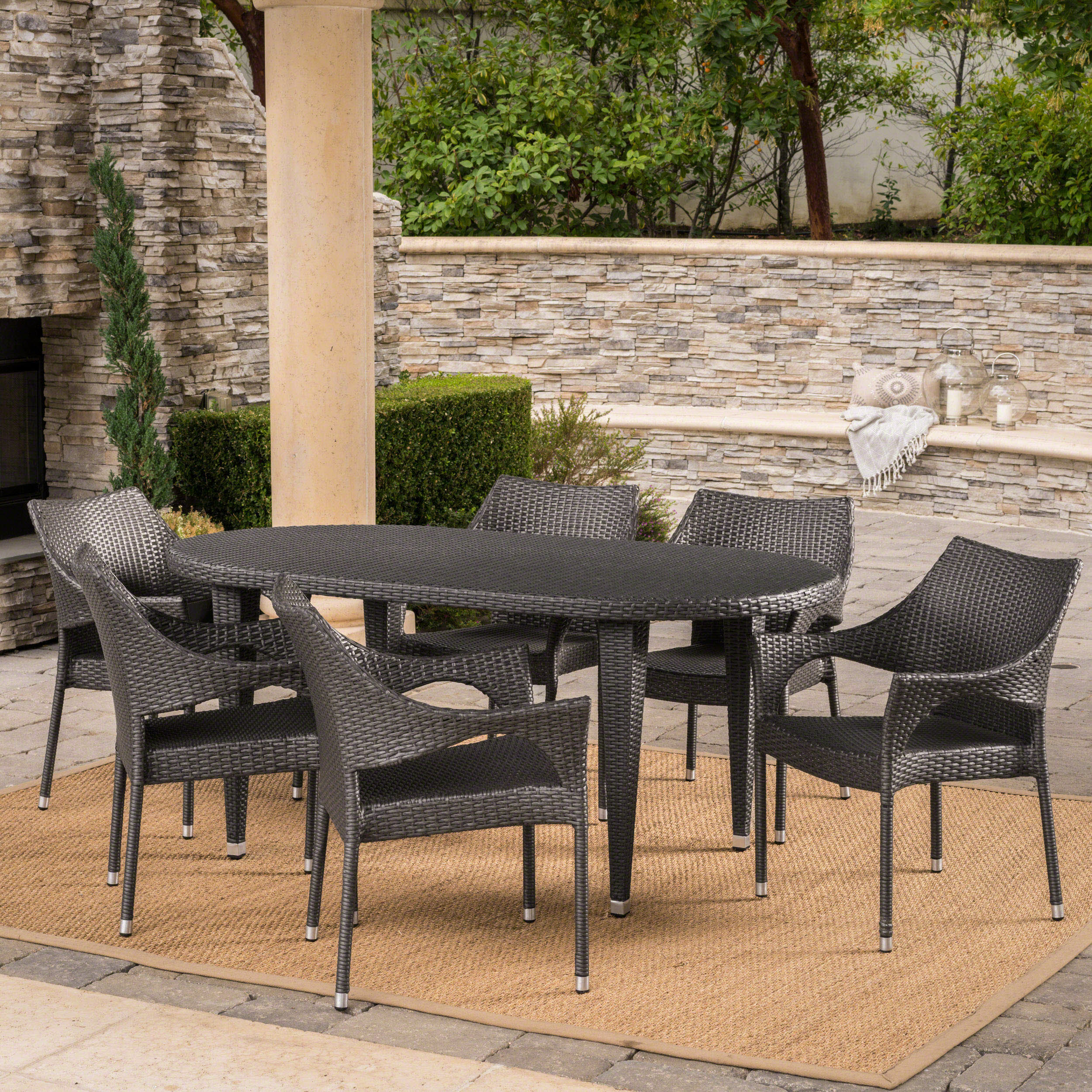 Tills Outdoor 7 Piece Gray Wicker Oval Dining Set with Stacking Chairs - furnishings