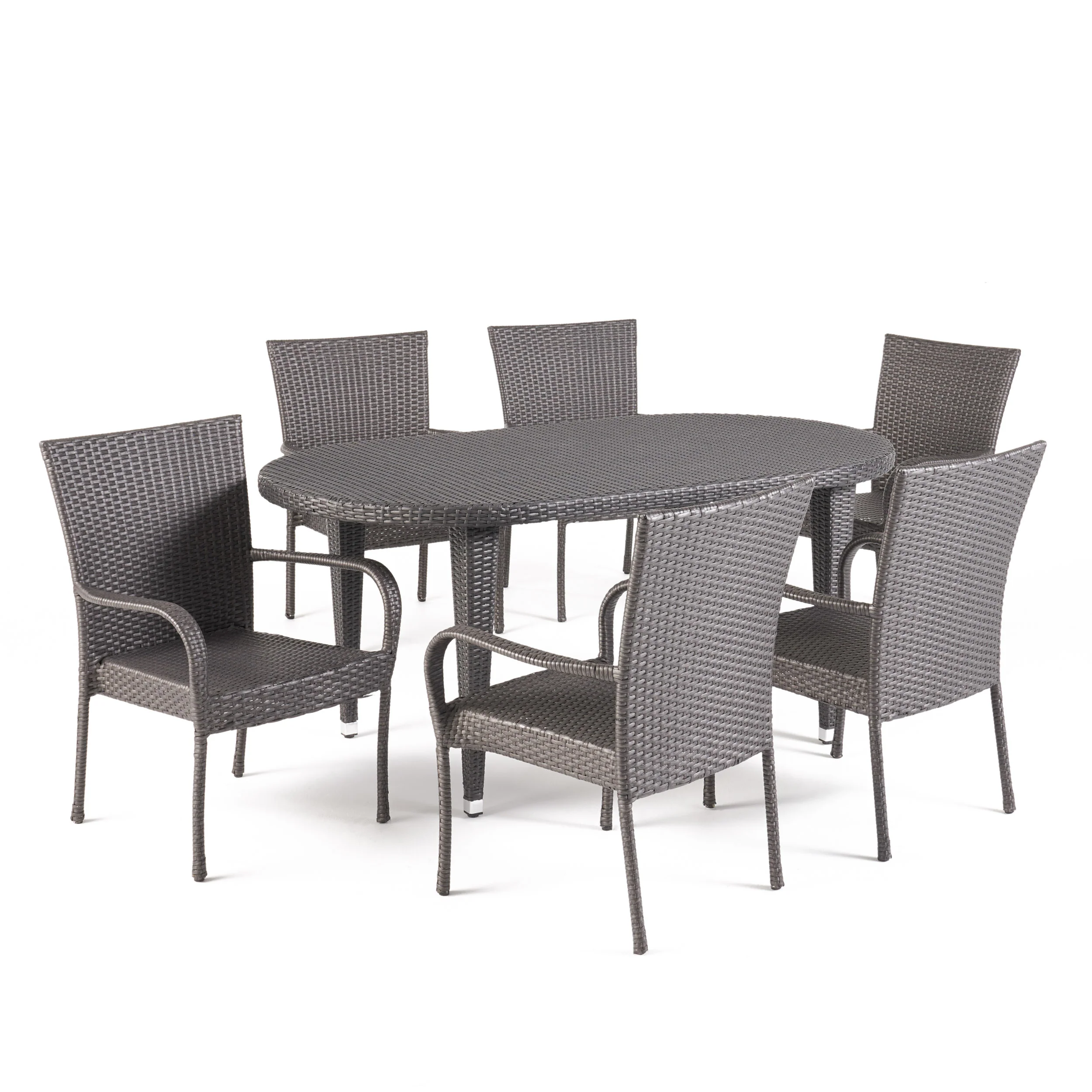Sola Outdoor 7 Piece Gray Wicker Oval Dining Set with Stacking Chairs - furnishings