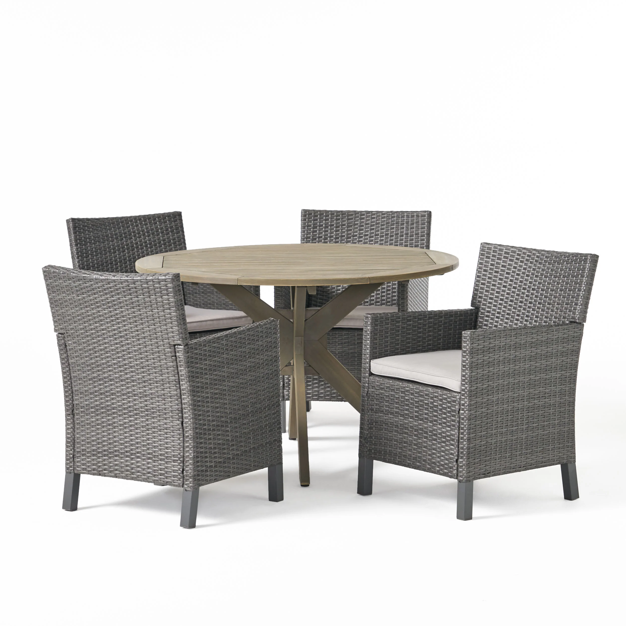 Kirby Outdoor 5 Piece Wood and Wicker Dining Set, Gray and Gray - furnishings