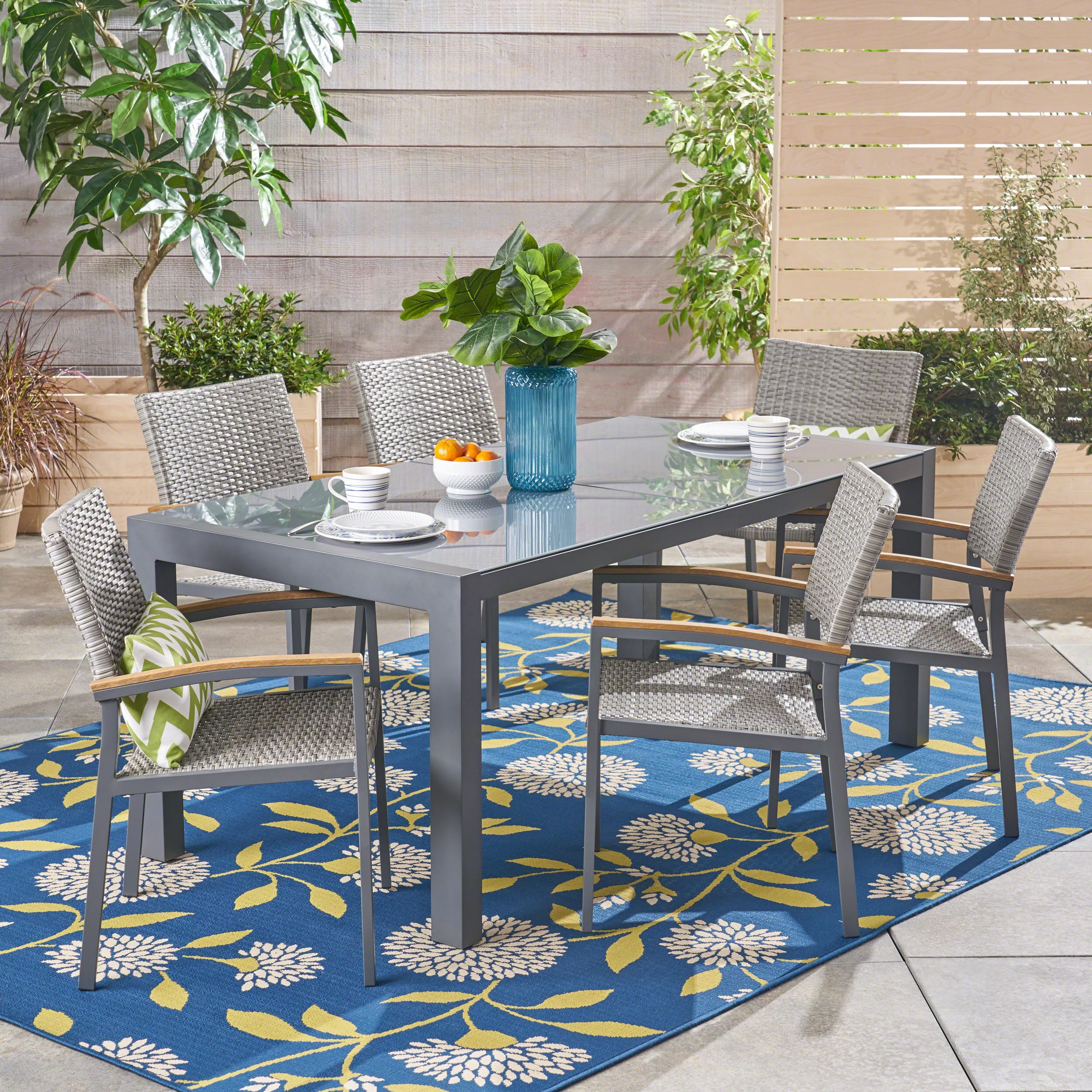 Jamie Outdoor Aluminum and Mesh 7 Piece Dining Set with Glass Table Top - furnishings
