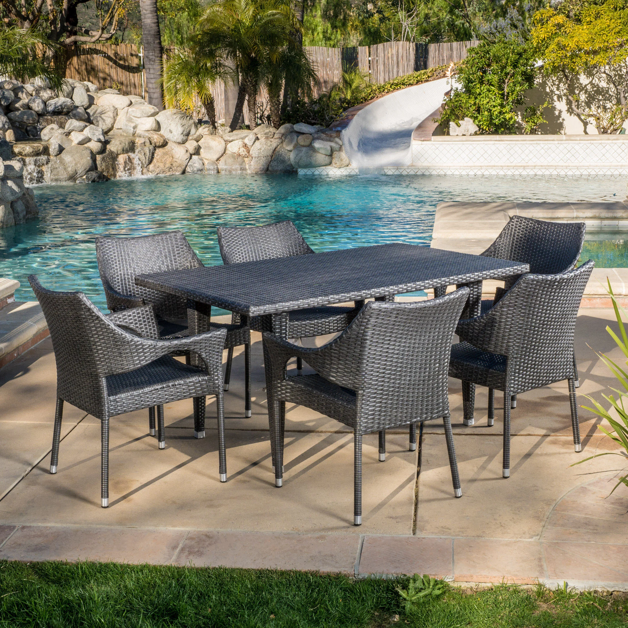 Alameda Outdoor 7-Piece Gray Wicker Dining Set with Stacking Chairs - furnishings