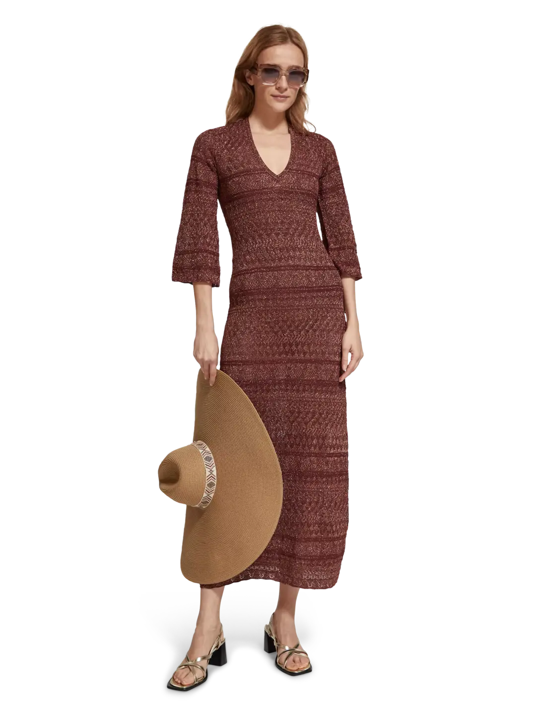 Metallic pointelle knitted maxi dress