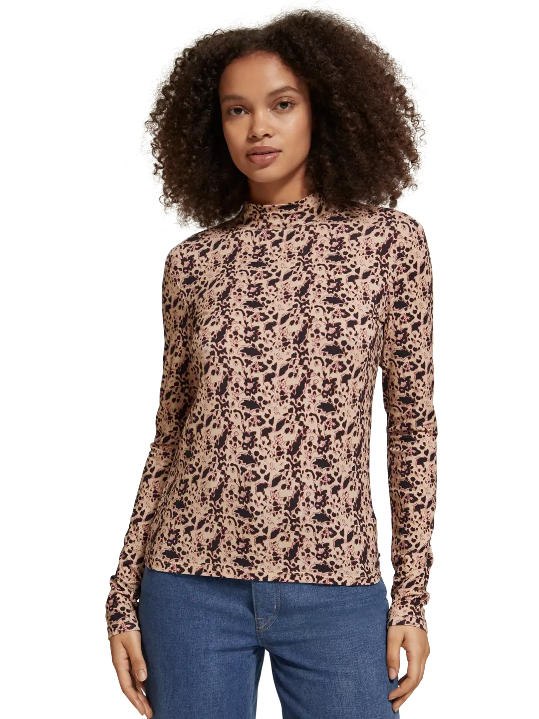 Printed long-sleeved mock neck top