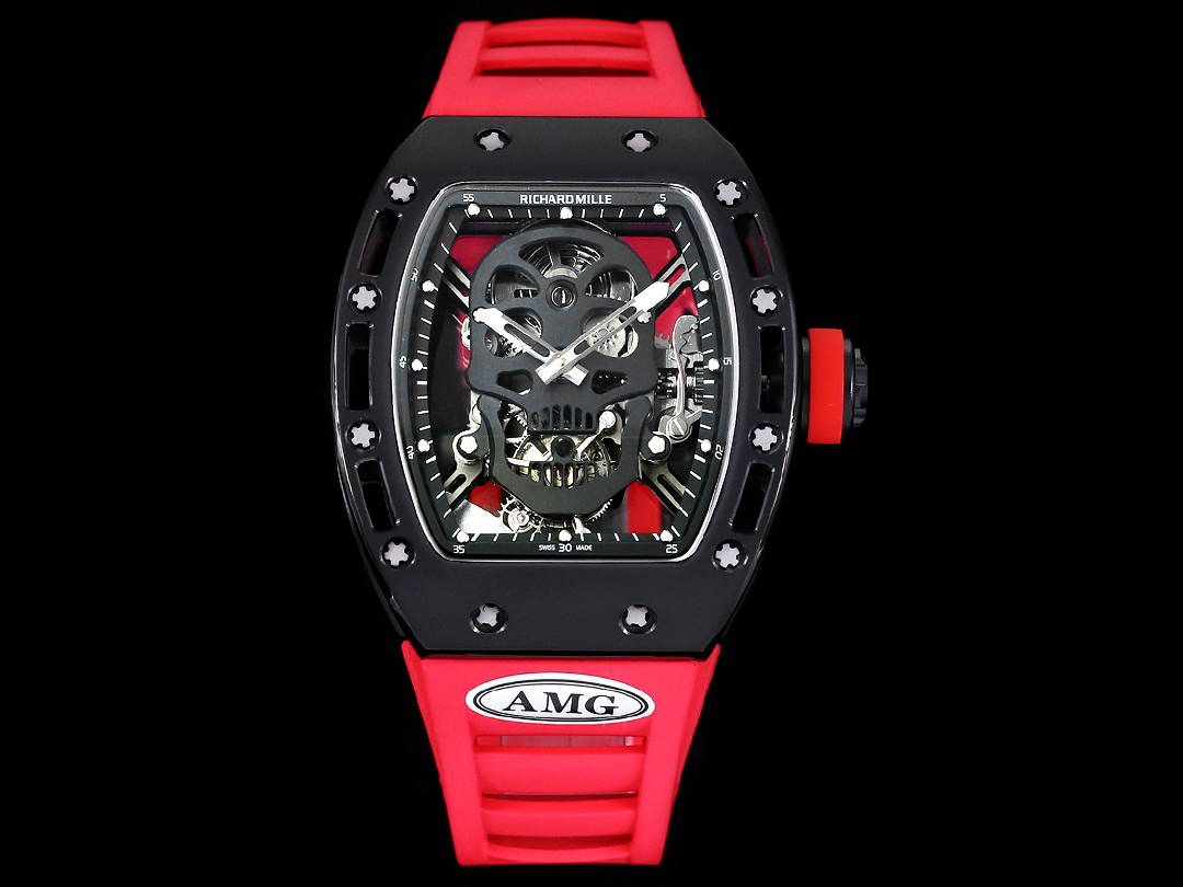 Replica Richard Mille RM052 Titanium Skeleton Tourbillon Watch with Red Rubber Strap
