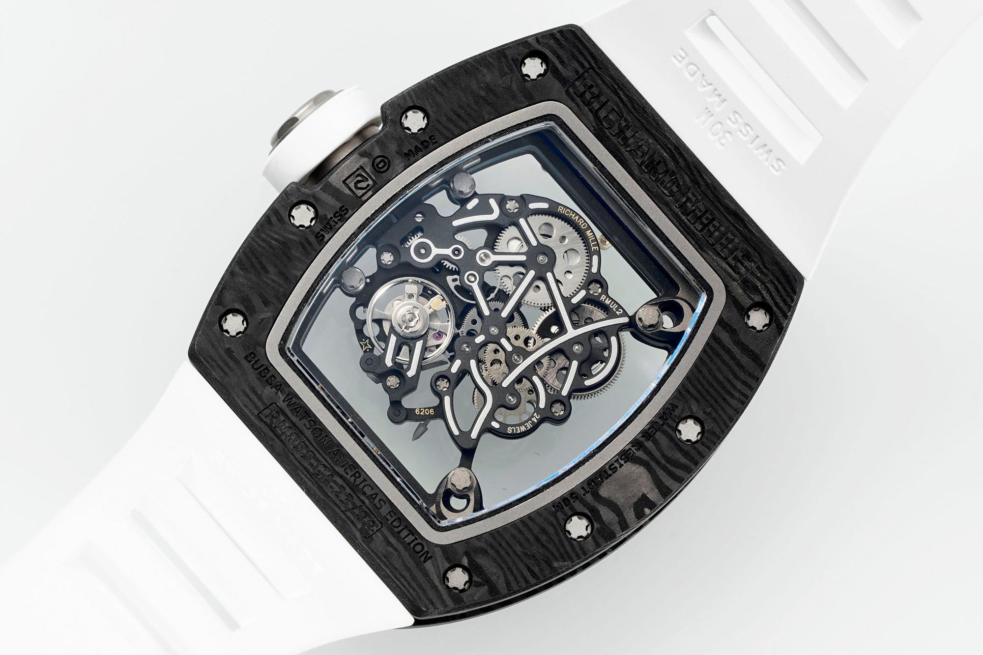Richard Mille RM055 Skeleton Swiss Replica, Titanium Carbon Fiber Case, White Rubber Strap
