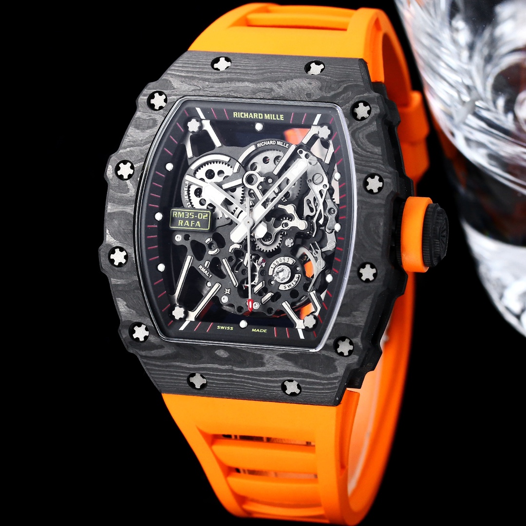Swiss Super Clone Richard Mille RM 35-01 with NTPT Carbon Fiber Case, Orange Silicone Strap