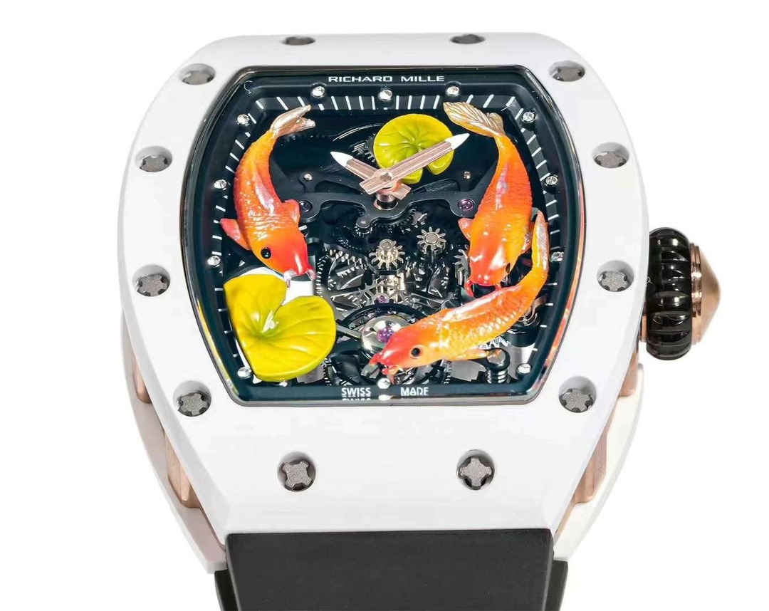 Replica Richard Mille RM S10 Koi Tourbillon Watch with Black Leather Strap