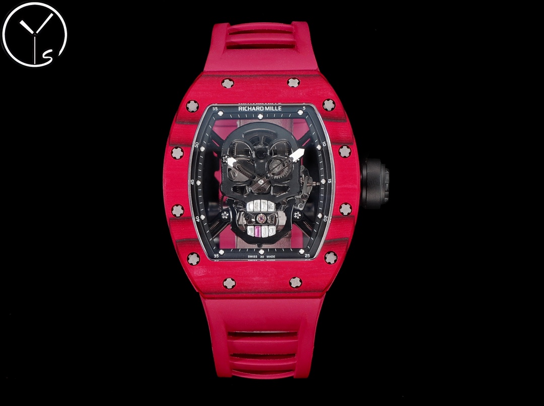 Best Richard Mille RM52-01 Replica - Red Rubber Strap, Skeleton Dial, Swiss Tourbillon, Carbon Fiber Case