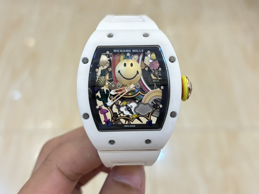 Best Richard Mille RM 88 Smiley Replica Swiss Automatic Tourbillon Watch with White Rubber Strap