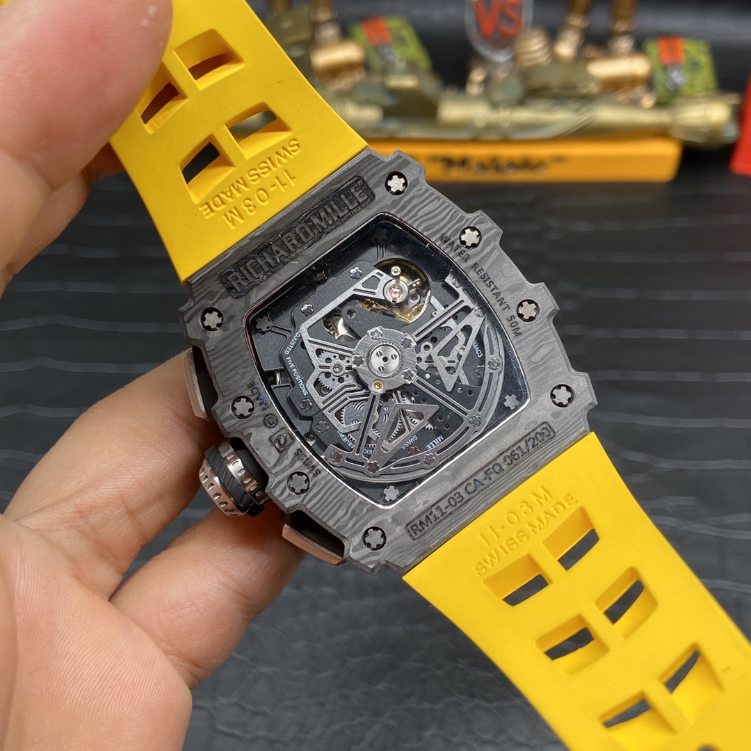 Best Swiss Replica Richard Mille RM 011 Skeleton Dial Watch – Carbon Fiber Case, Yellow Rubber Strap