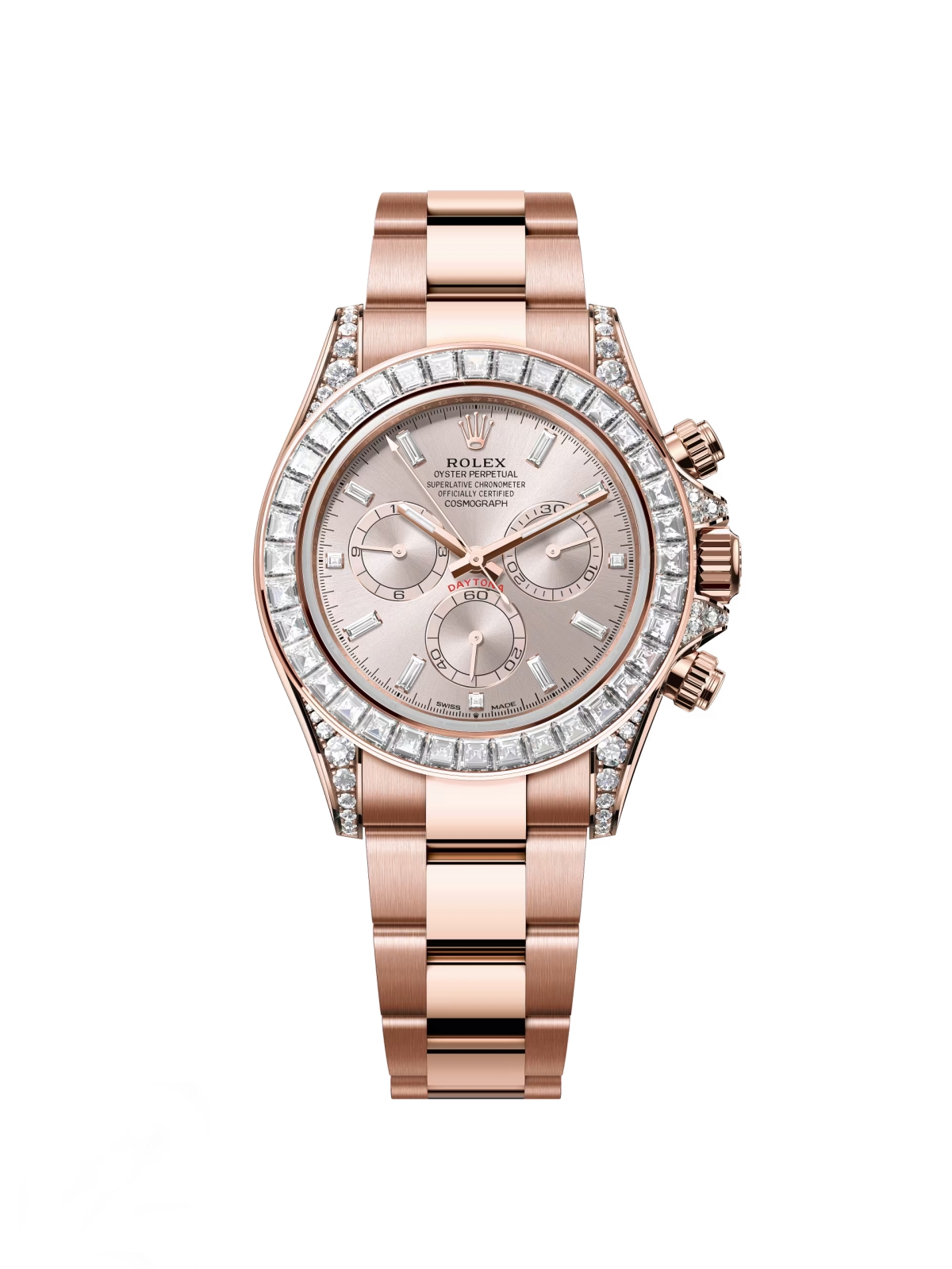 【Super Clone】Rolex Cosmograph Daytona 40mm Rose Gold Diamond Baguette Sundust Dial Diamond Bezel - 126595TBR