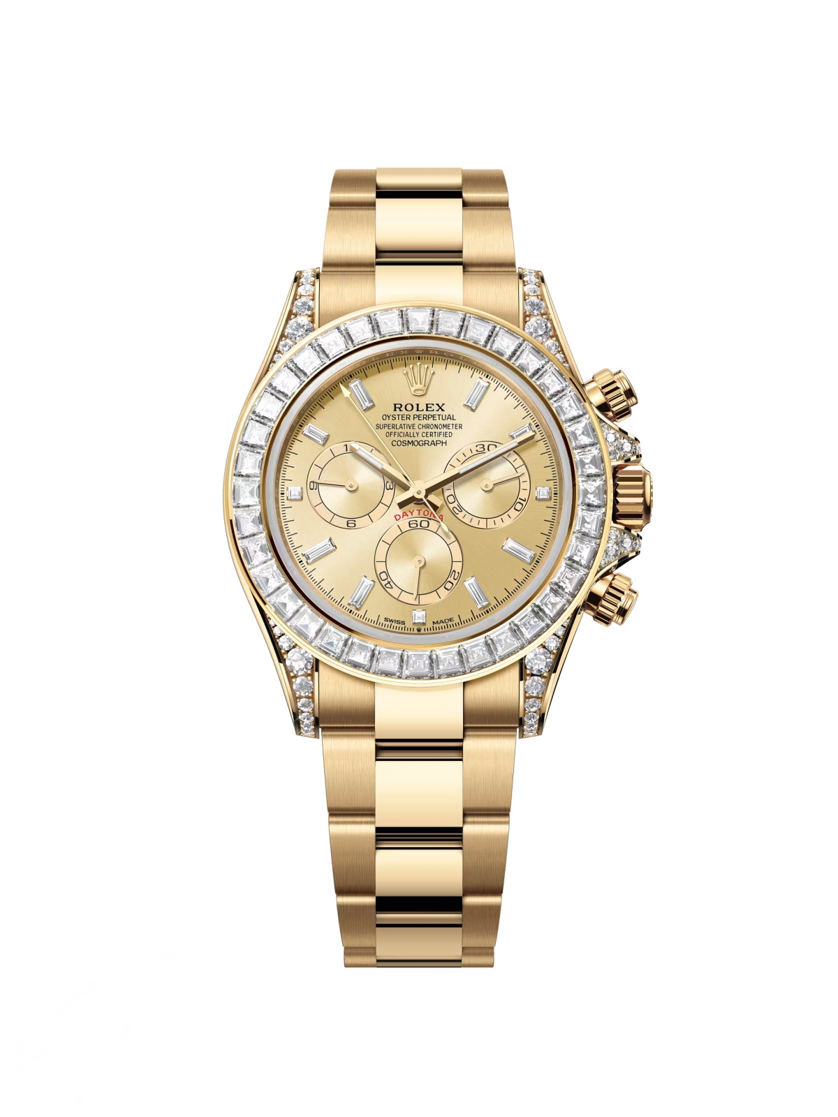 【Super Clone】Rolex Cosmograph Daytona 40mm Yellow Gold Diamond Baguette Champagne Dial Diamond Bezel - 126598TBR