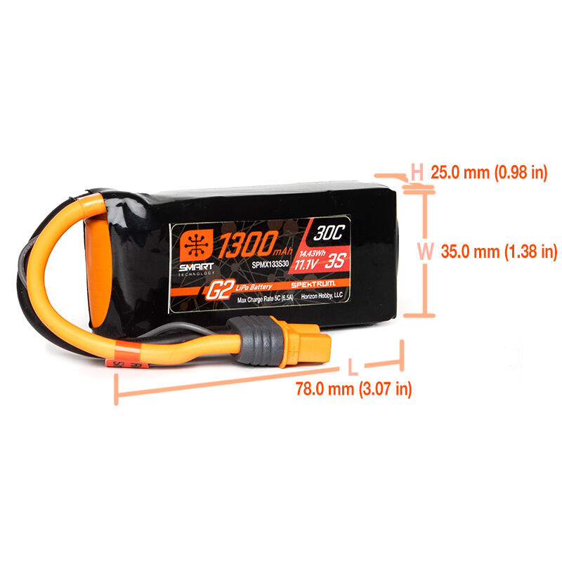 Spektrum Accessories 11.1V 1300mAh 3S 30C Smart G2 LiPo Battery: IC3