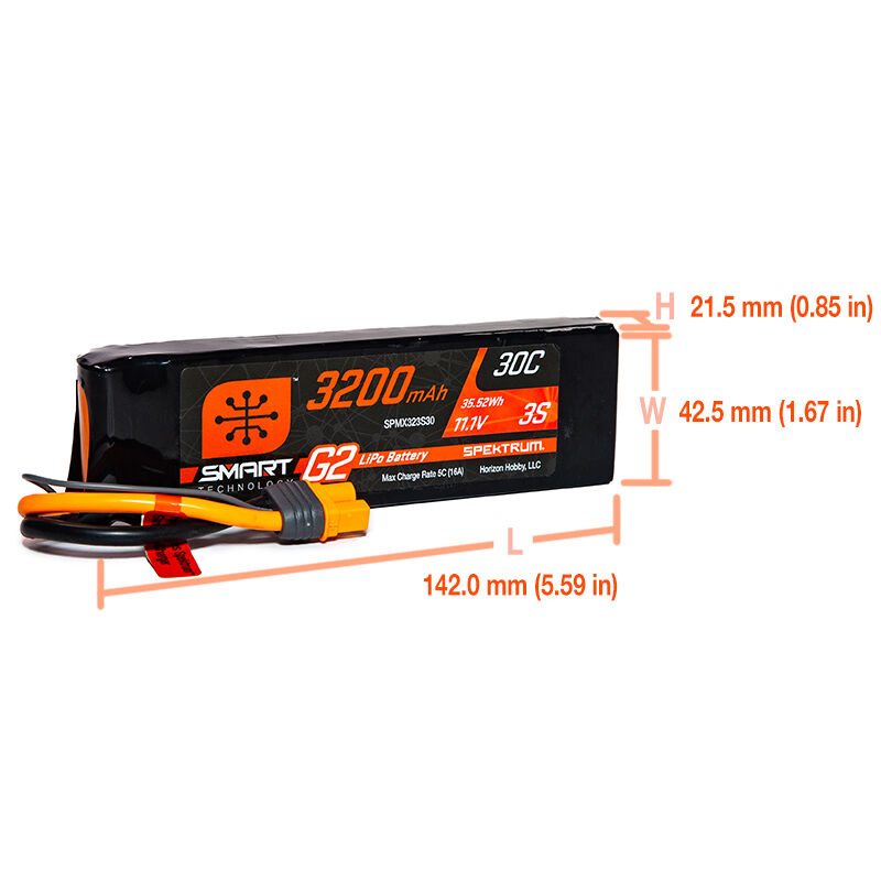 Spektrum Accessories 11.1V 3200mAh 3S 30C Smart G2 LiPo Battery: IC3