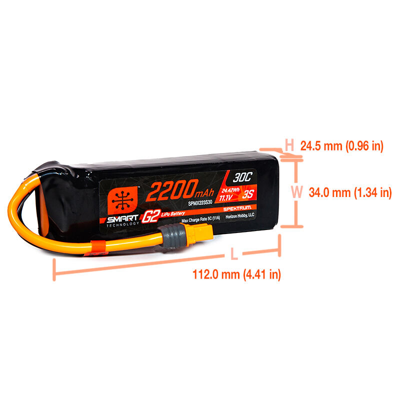 Spektrum Accessories 11.1V 2200mAh 3S 30C Smart G2 LiPo Battery: IC3