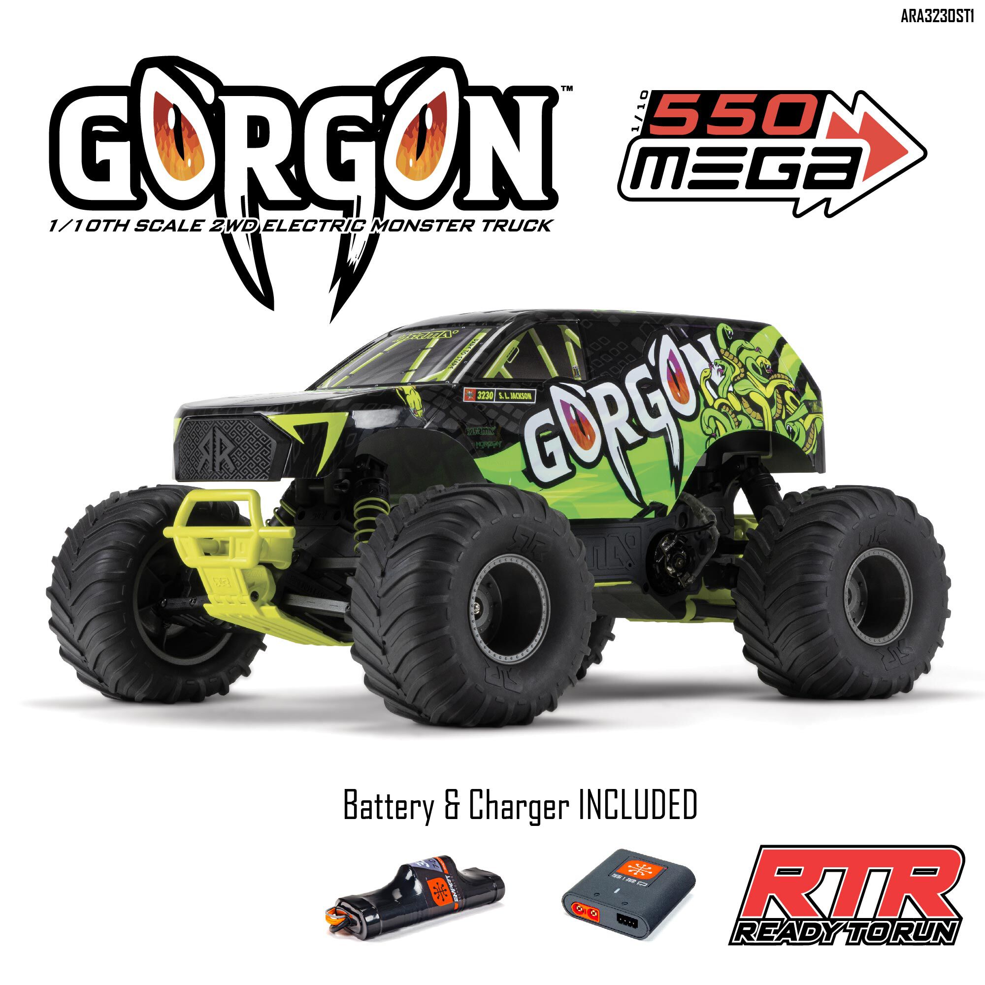 ARRMA 1/10 GORGON 2WD RTR Brushed Monster Truck (Battery & Charger Included), Yellow