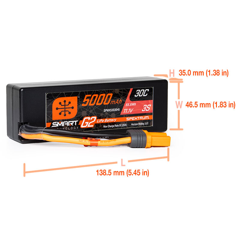 Spektrum Accessories 11.1V 5000mAh 3S 30C Smart G2 Hardcase LiPo Battery: IC5