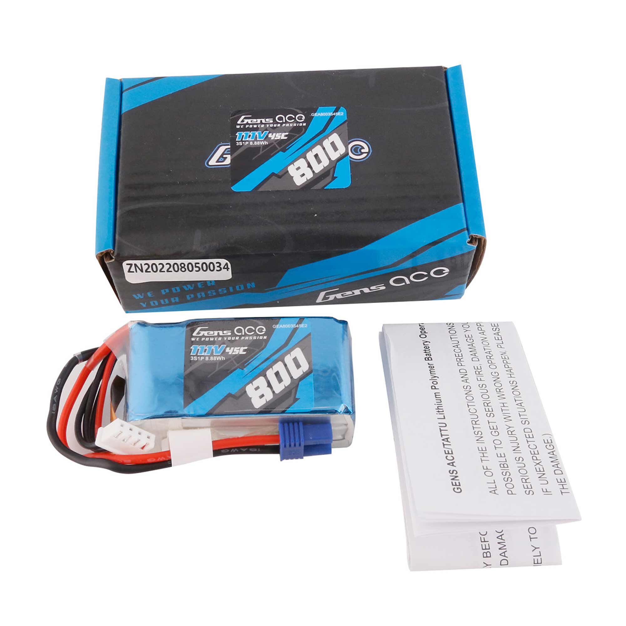 Gens ace 11.1V 800mAh 3S 45C LiPo Battery: EC2