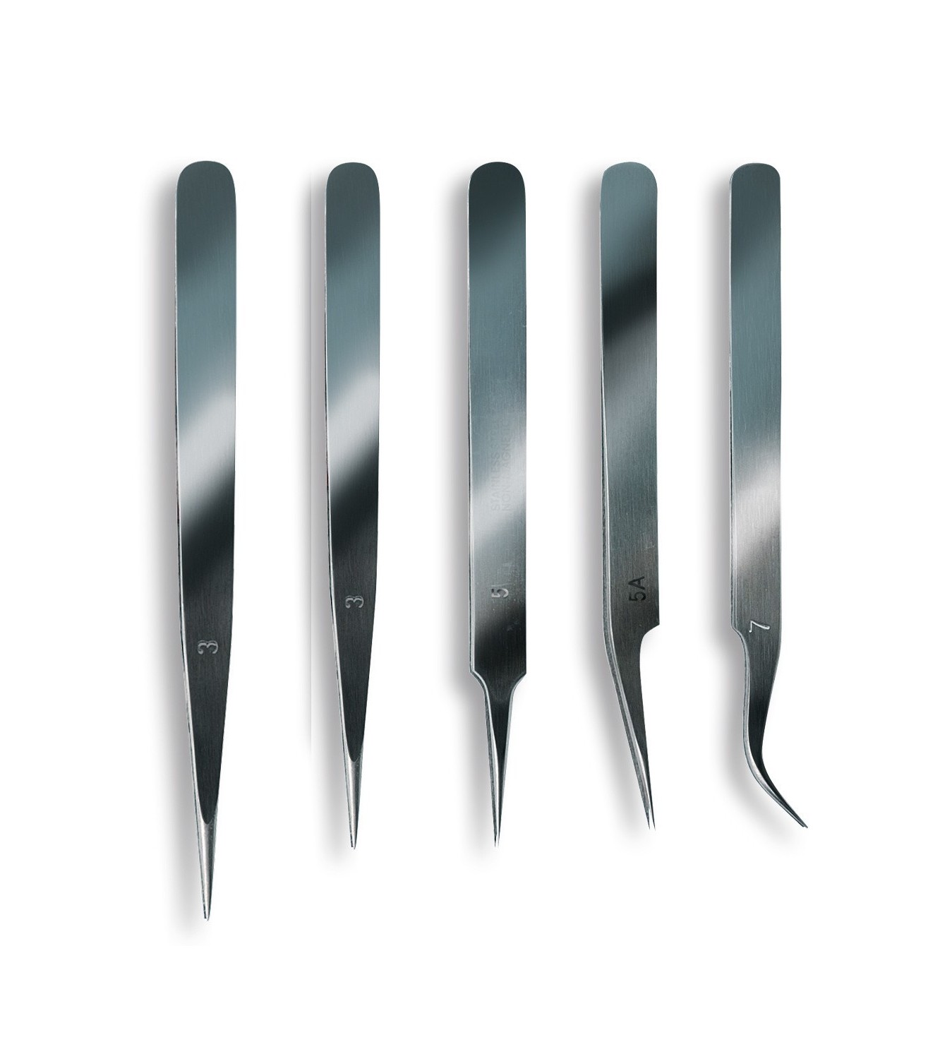 Set of 5 Stainless Steel Tweezers with Fine Point