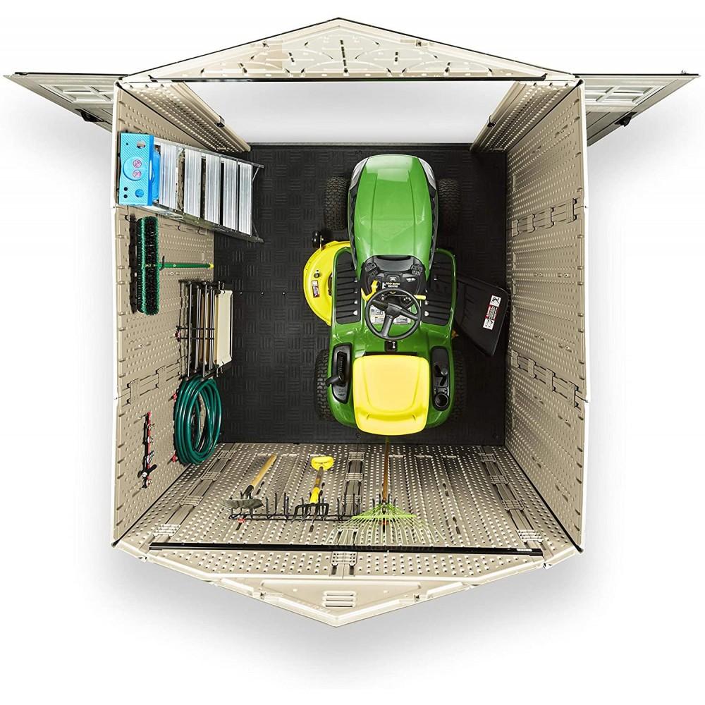 Rubbermaid 7??7 Ft Durable Weather Resistant Resin Outdoor Garden Storage Shed with Windows and Utility Hooks, Sand
