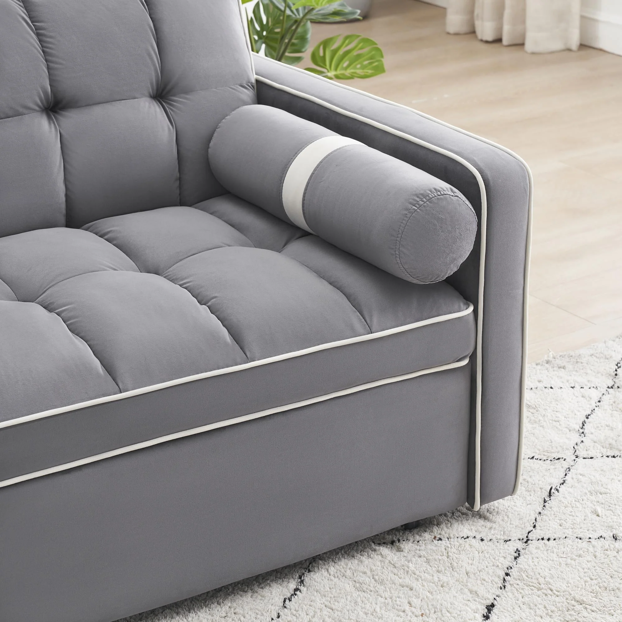 3 in 1 Sleeper Sofa Couch Bed, Small Tufted Velvet Convertible Loveseat Futon Sofa w/Pullout Bed, Adjustable Backrest, Cylinder Pillows,