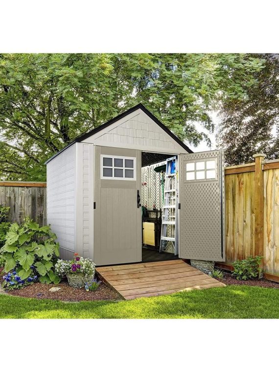 Rubbermaid 7??7 Ft Durable Weather Resistant Resin Outdoor Garden Storage Shed with Windows and Utility Hooks, Sand