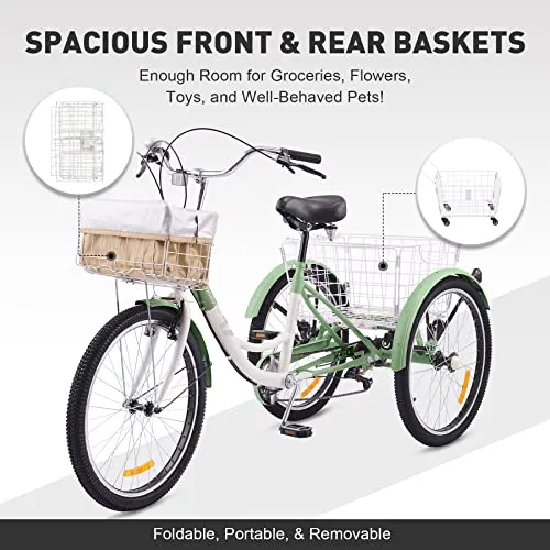 Viribus Adult Tricycle, 7 Speed Tricycle for Adults, 24" 3 Wheel Bikes for Adults with Baskets