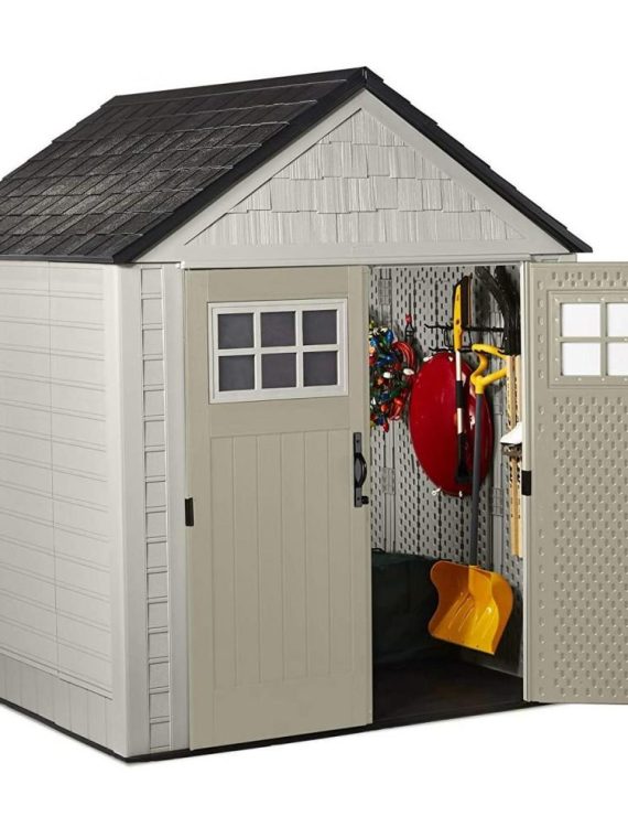 Rubbermaid 7??7 Ft Durable Weather Resistant Resin Outdoor Garden Storage Shed with Windows and Utility Hooks, Sand