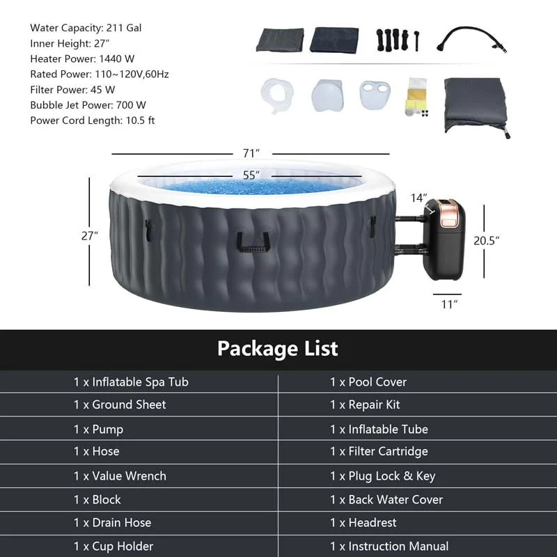 4-Person SaluSpa Inflatable Hot Tub Spa with 108 Massage Bubble Jets, Air Pump, Filter Cartridge & Cover, Portable Outdoor Blow Up Spa