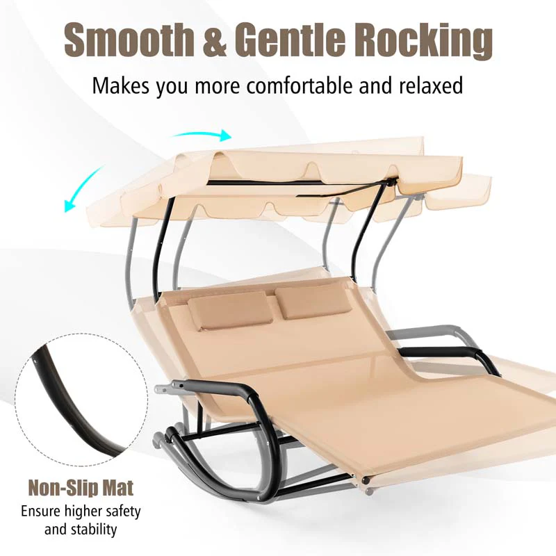 2-Person Patio Hammock Bed Swing Chair Extra Large Outdoor Rocking Chaise Lounge with Adjustable Canopy and Wheels