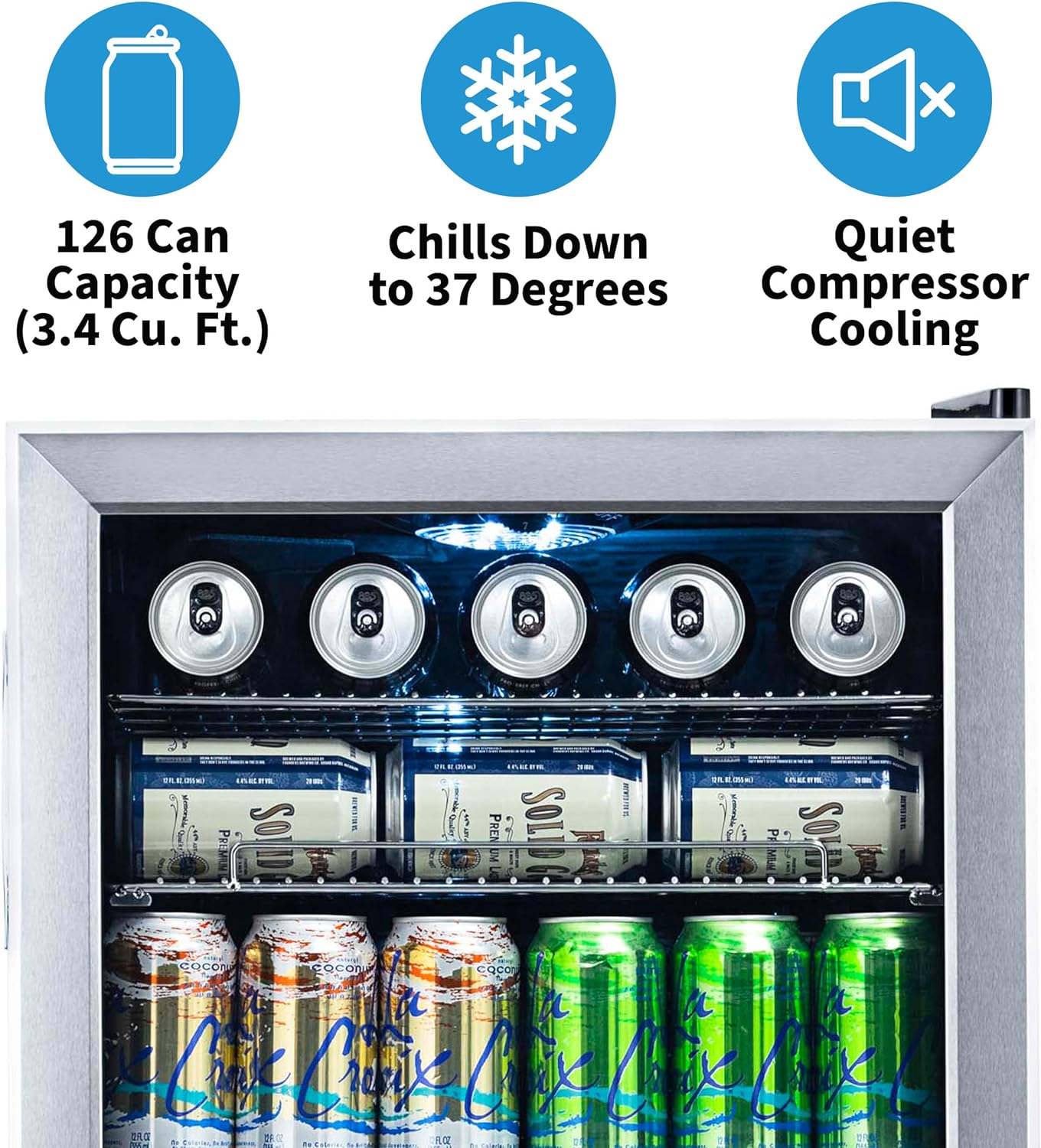Beverage Refrigerator Cooler | 126 Cans Free Standing with Right Hinge Glass Door | Mini Fridge Beverage Organizer Perfect For Beer, Wine, Soda, And Cooler Drinks