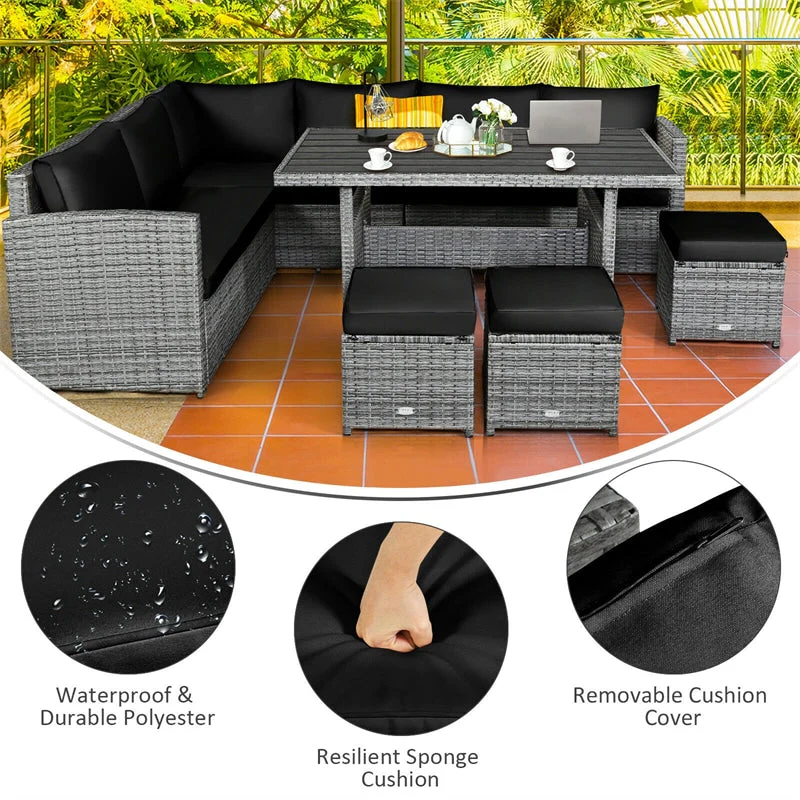 7 Pcs Rattan Patio Dining Furniture Sectional Sofa Set with Dining Table, Ottomans & Cushions