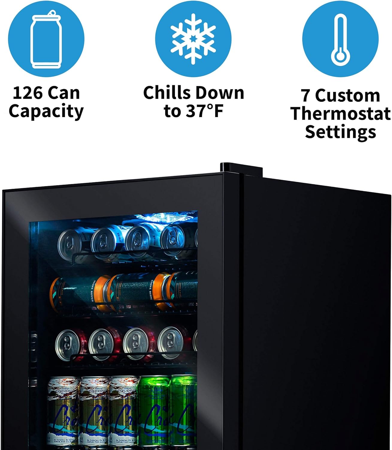 Beverage Refrigerator Cooler | 126 Cans Free Standing with Right Hinge Glass Door | Mini Fridge Beverage Organizer Perfect For Beer, Wine, Soda, And Cooler Drinks
