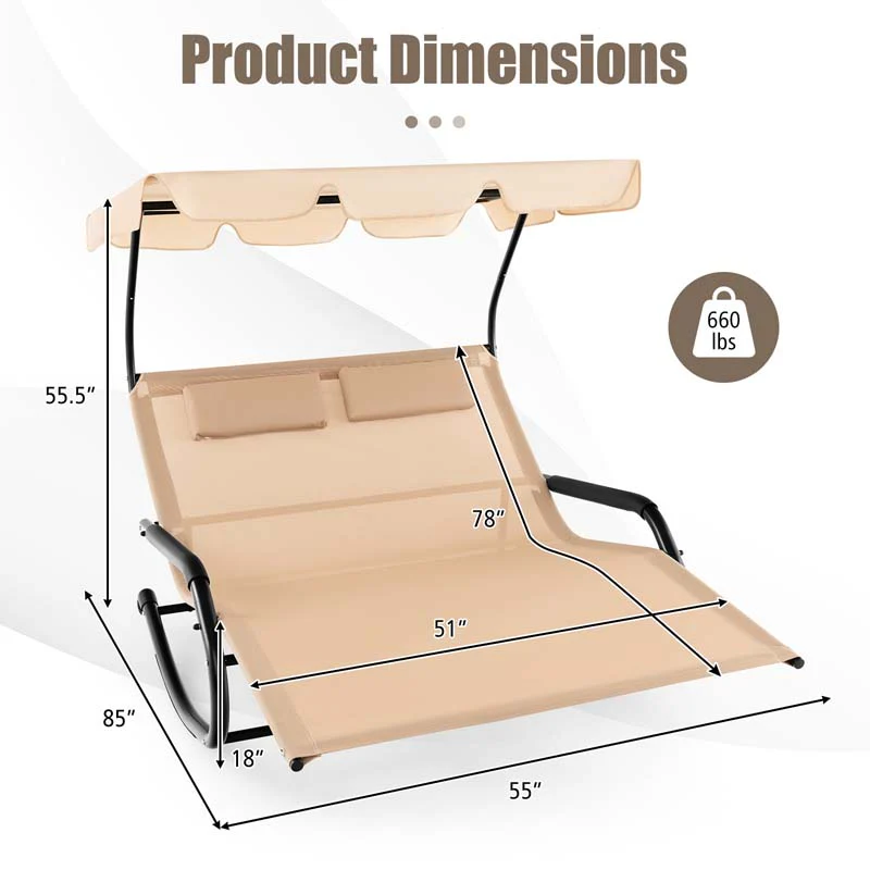 2-Person Patio Hammock Bed Swing Chair Extra Large Outdoor Rocking Chaise Lounge with Adjustable Canopy and Wheels
