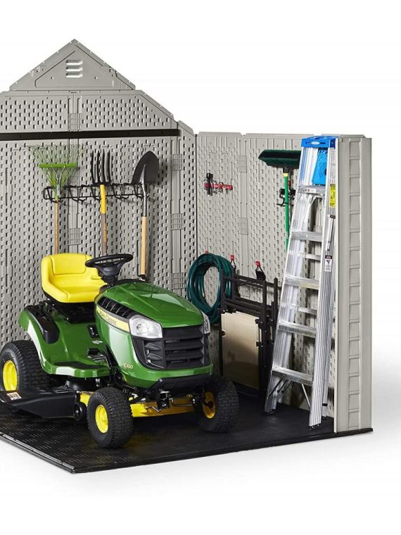 Rubbermaid 7??7 Ft Durable Weather Resistant Resin Outdoor Garden Storage Shed with Windows and Utility Hooks, Sand