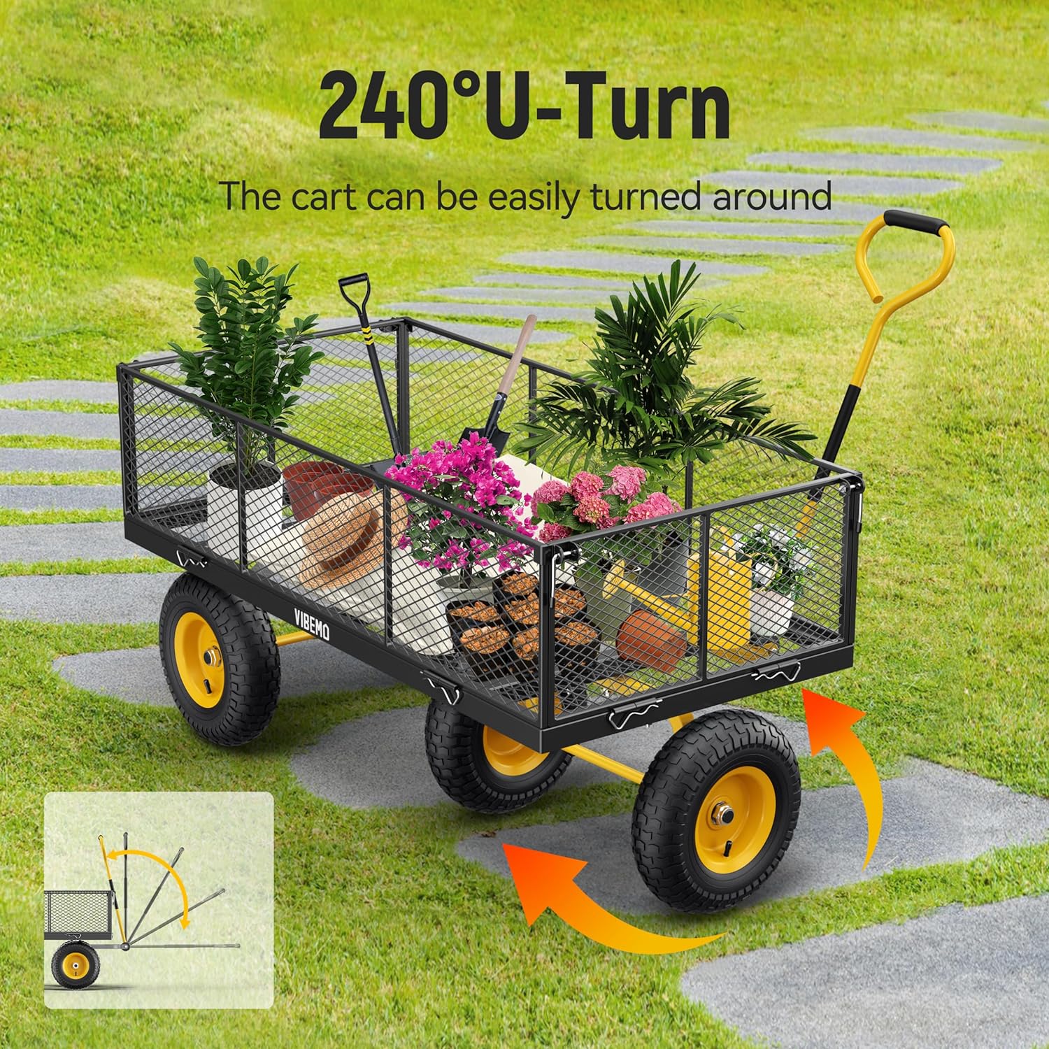 Steel Garden Cart, 2-in-1 1400 lbs Heavy Duty Utility Wagon, with Removable Mesh Sides to Convert into Flatbed