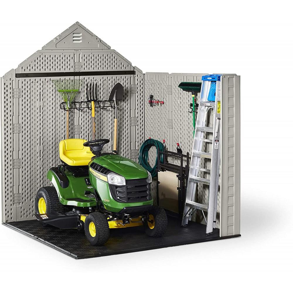 Rubbermaid 7??7 Ft Durable Weather Resistant Resin Outdoor Garden Storage Shed with Windows and Utility Hooks, Sand